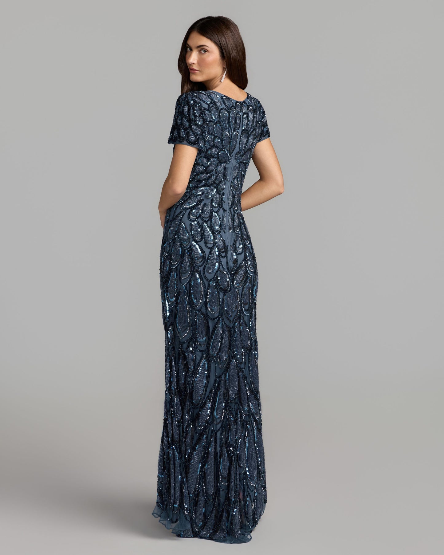 Blue Embellished Deep V Column Gown Mac Duggal