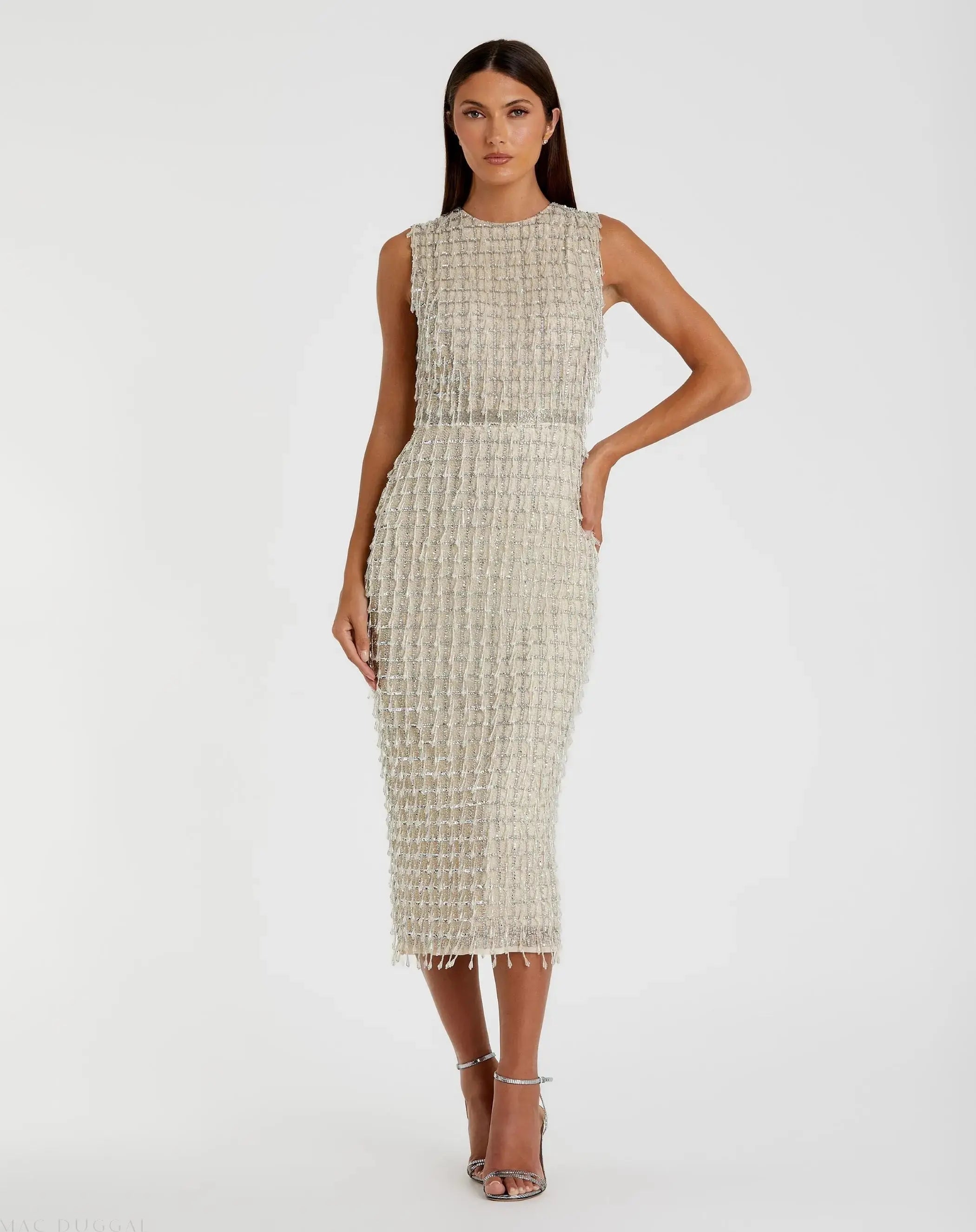 Sleeveless High Neck Beaded Midi Sheath Dress Sleeveless High Neck Beaded Midi Sheath Dress