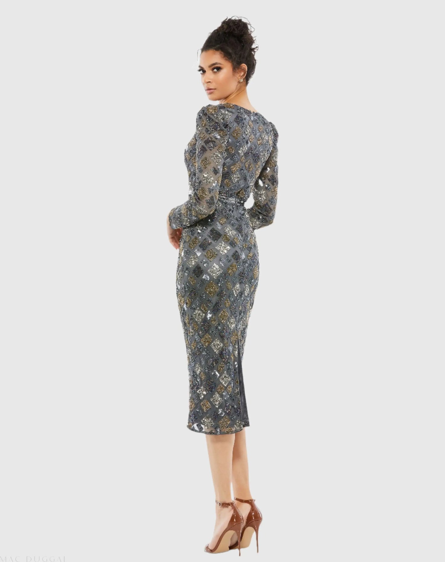 Long Sleeve Geometric Sequin Midi Dress - FINAL SALE - Mac Duggal