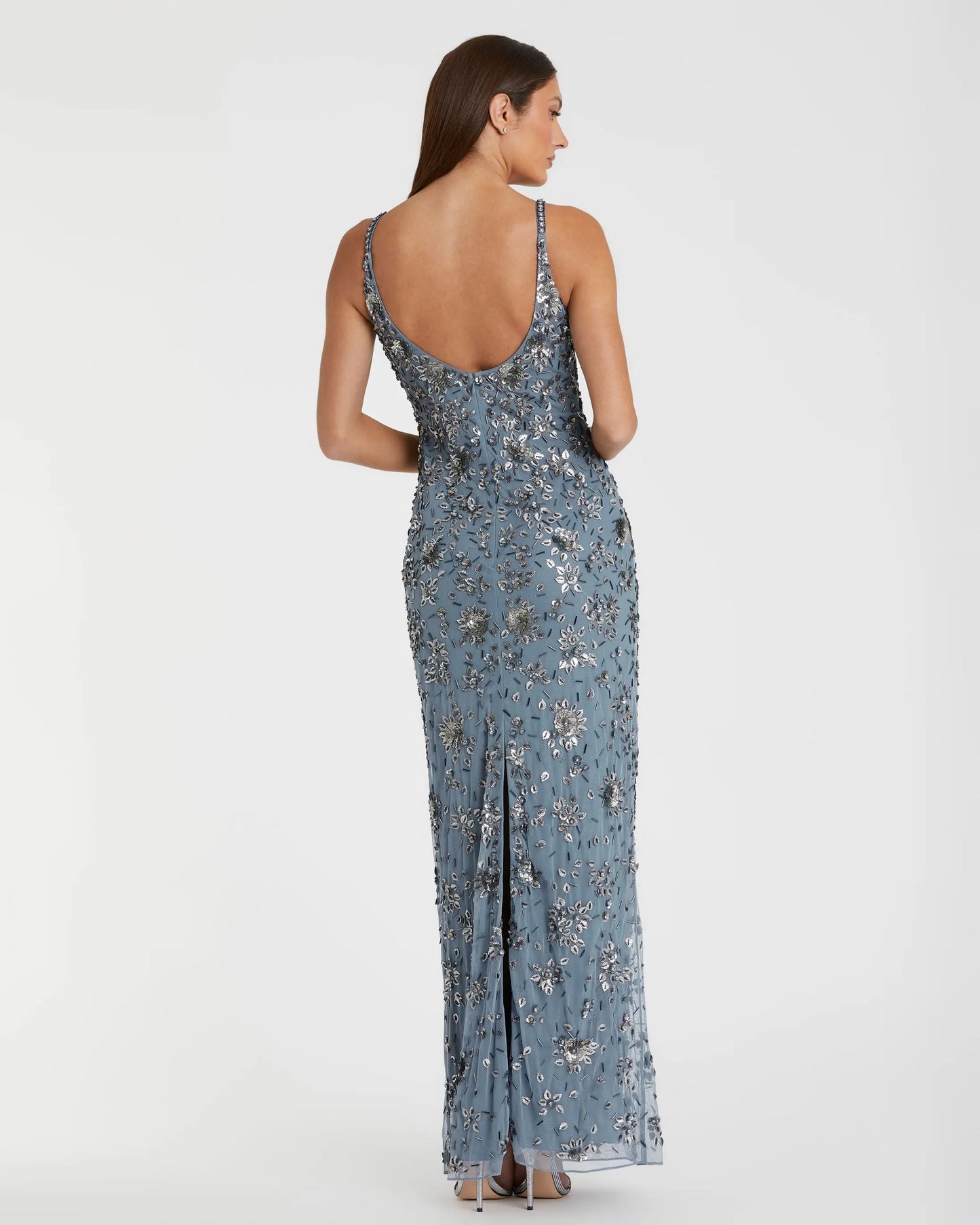 Blue Floral Embellished Scoop Neck Evening Gown - Mac Duggal