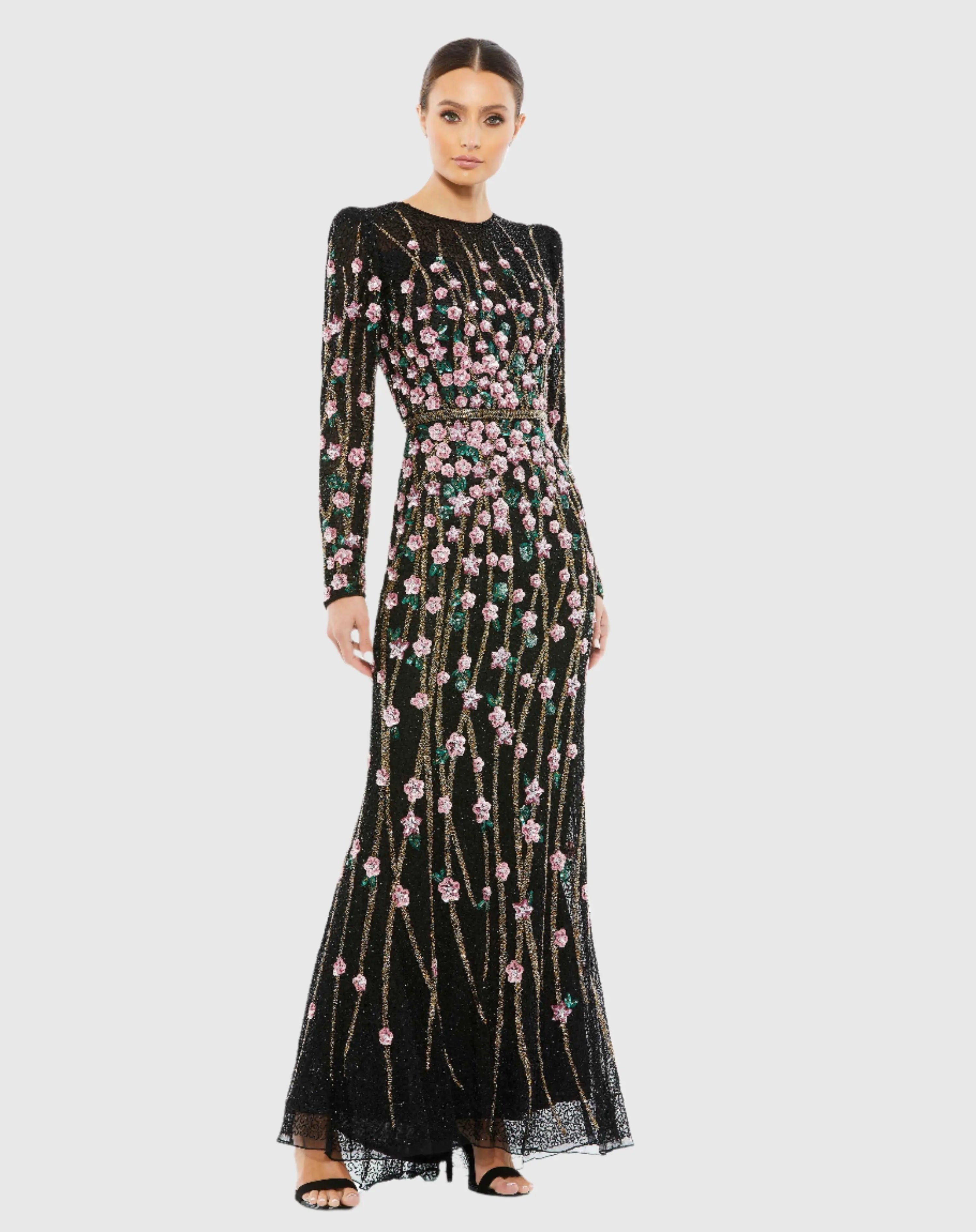mac duggal black dress long sleeve Black Long Sleeve Sheer Floral Embroidered Velvet Dress