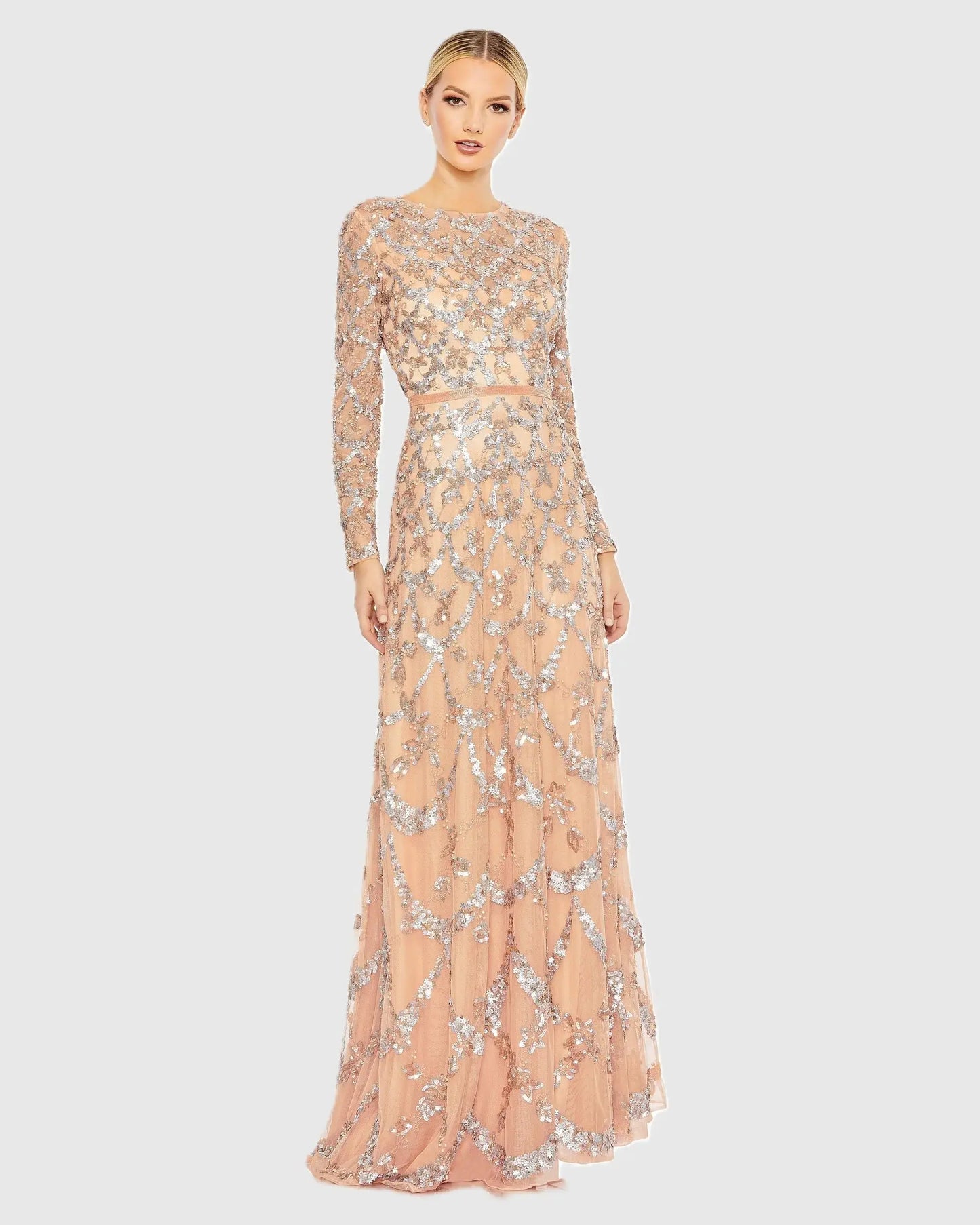 Pink Embellished Illusion High Neck Long Sleeve A Line Gown - Mac Duggal