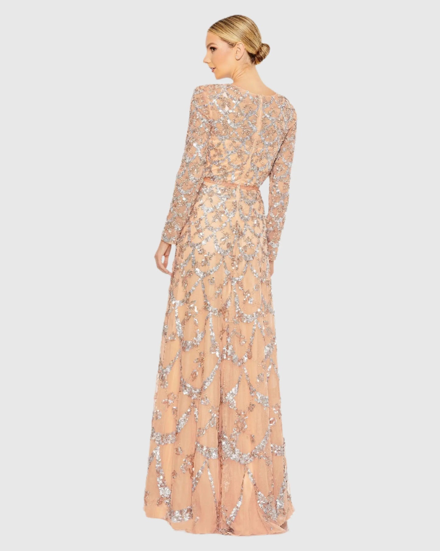 Pink Embellished Illusion High Neck Long Sleeve A Line Gown - Mac Duggal