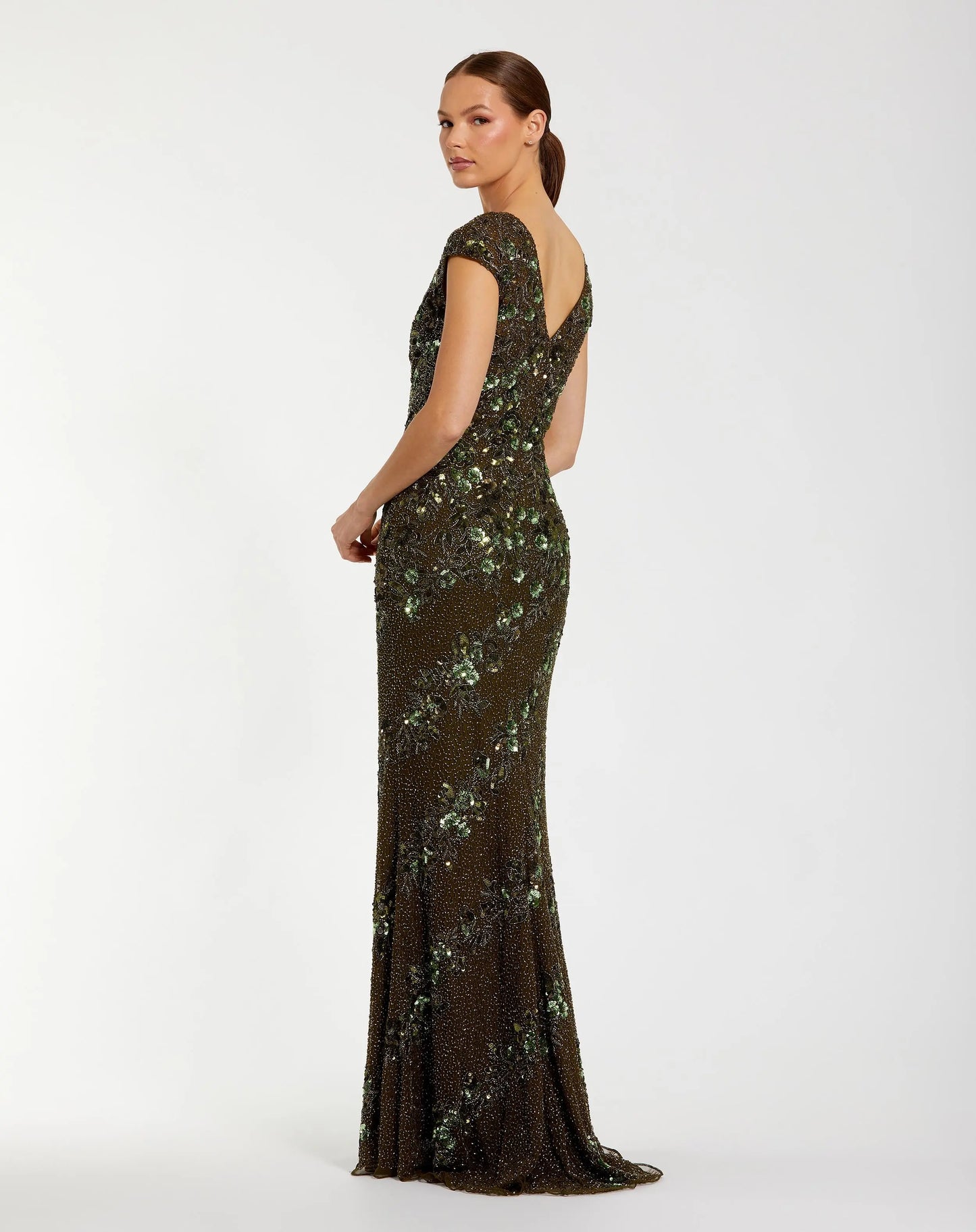 Green Floral Embellished Cap Sleeve Column Gown - Mac Duggal