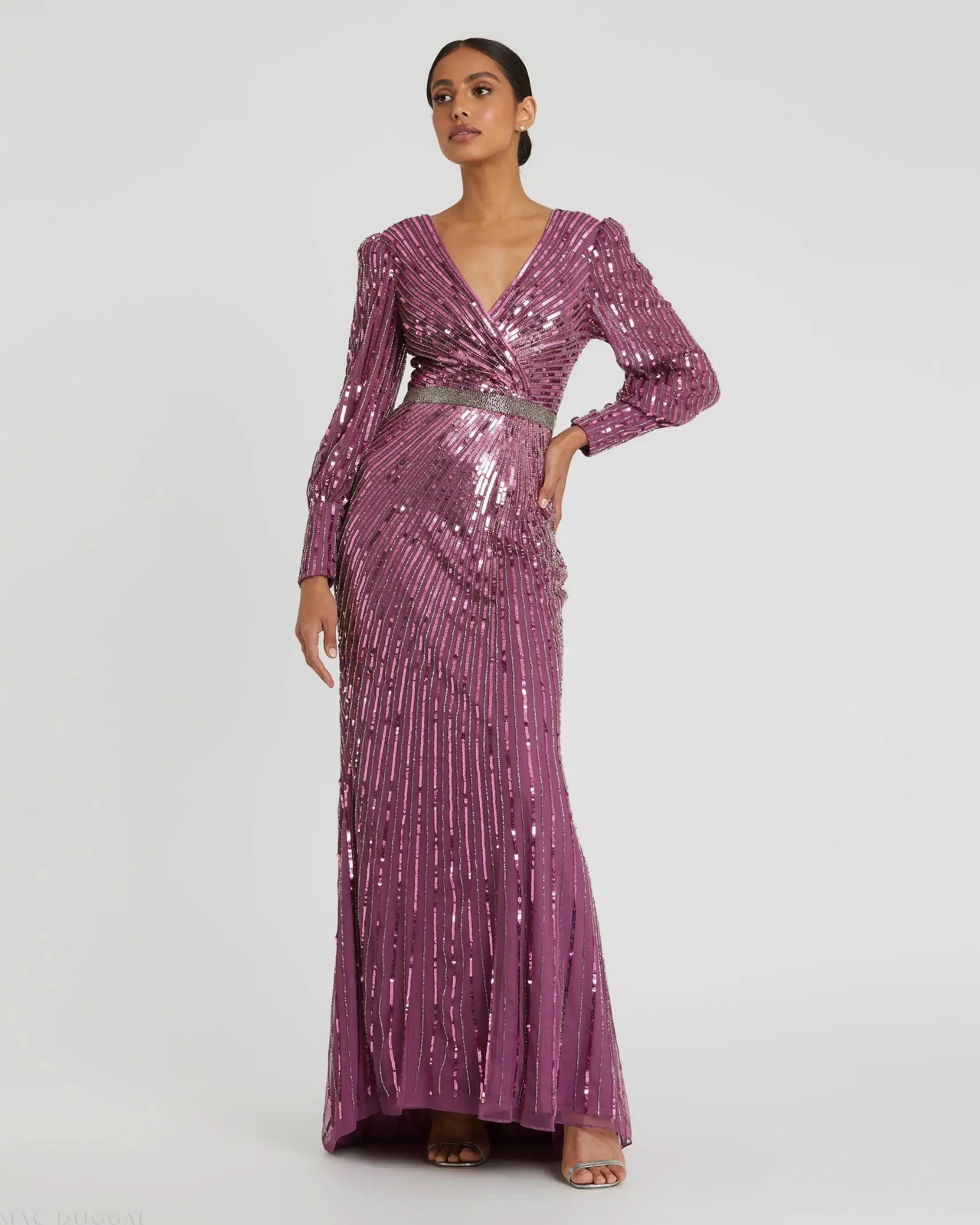 Purple Sequined Wrap Over Bishop Sleeve Gown - Mac Duggal Purple Sequined Wrap Over Bishop Sleeve Gown - Mac Duggal