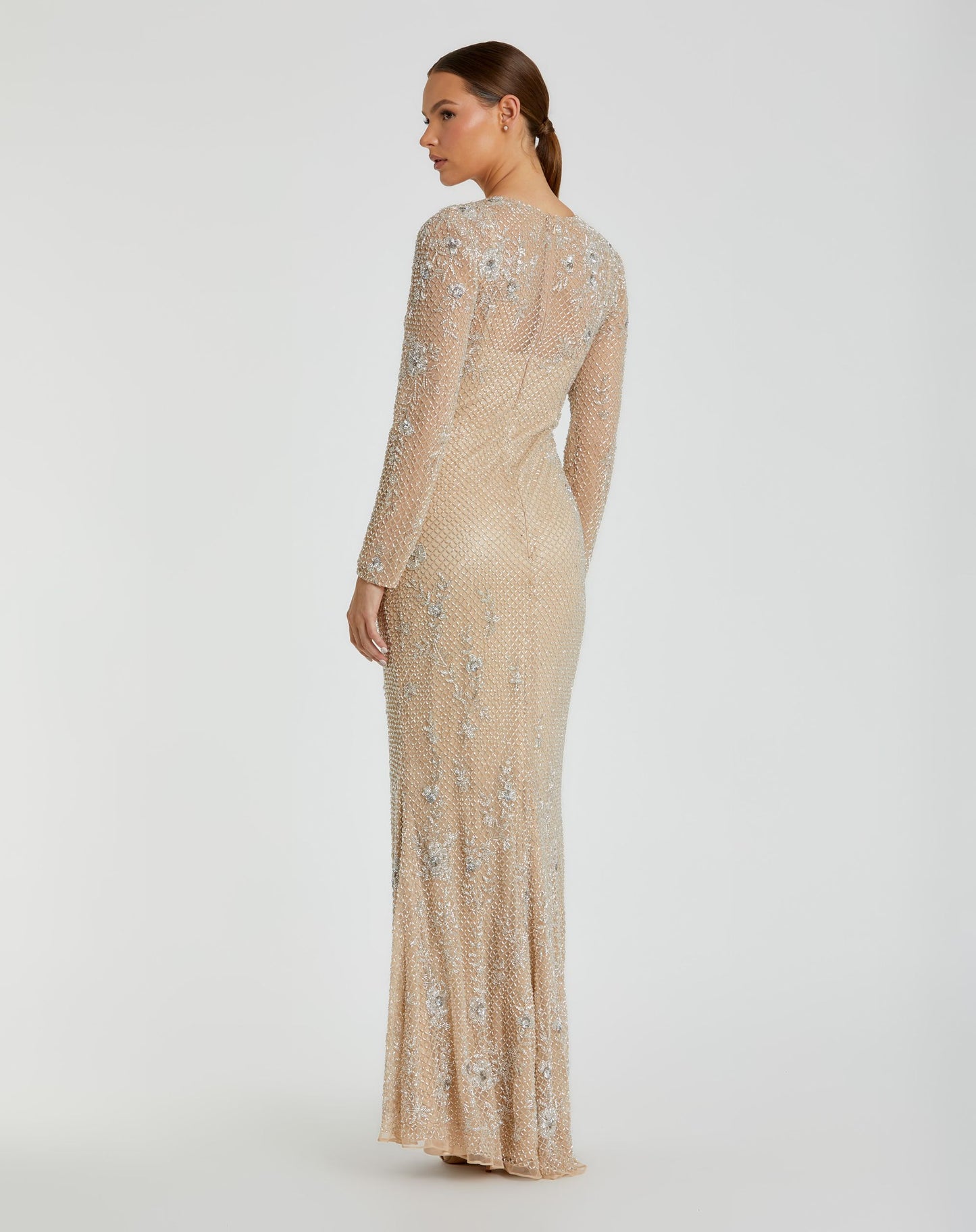 Beige Long Sleeve Beaded Evening Gown - Mac Duggal