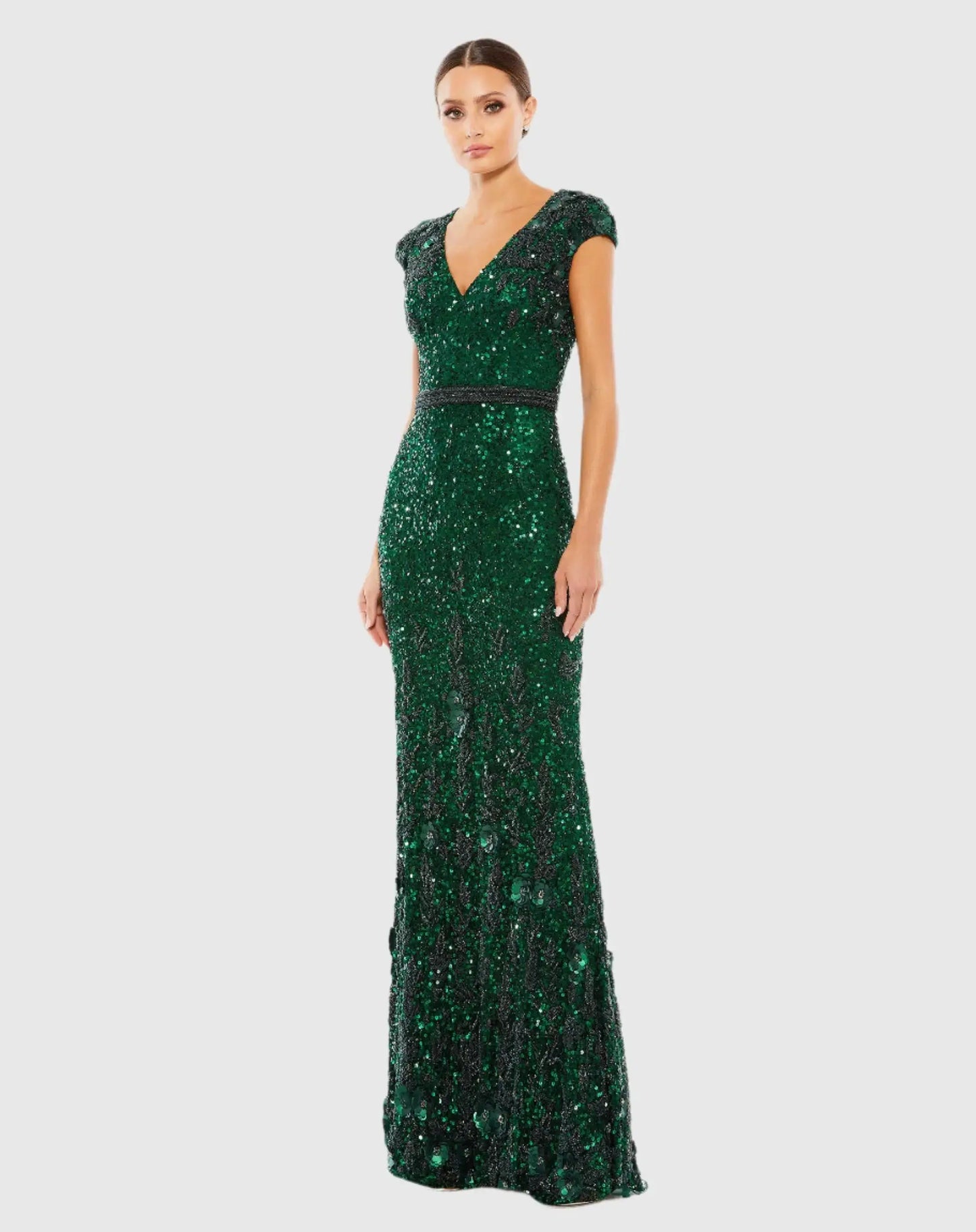 Green Embellished V Neck Cap Sleeve Sequin Gown - Mac Duggal