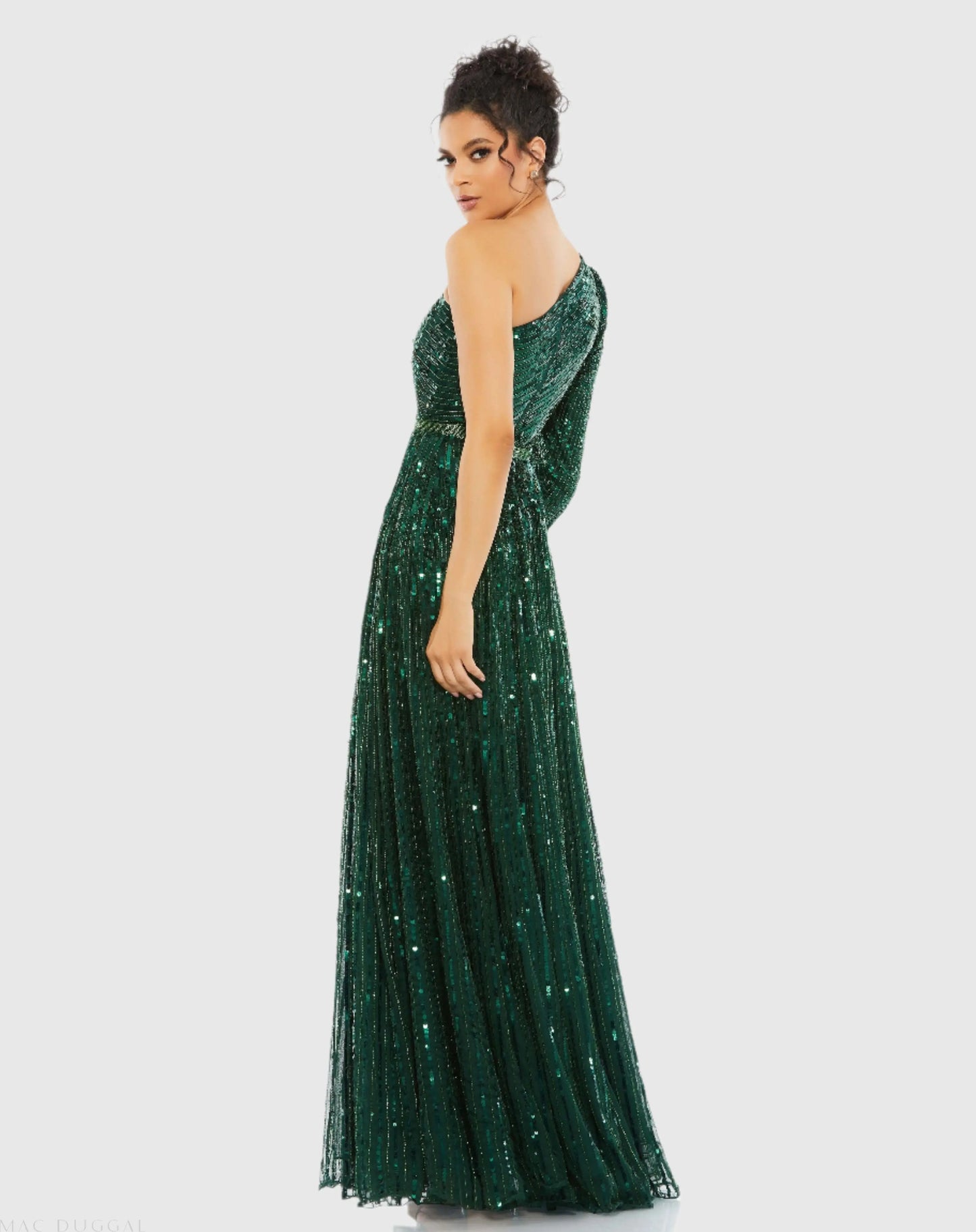 Green Sequined One Shoulder A Line Gown - Mac Duggal