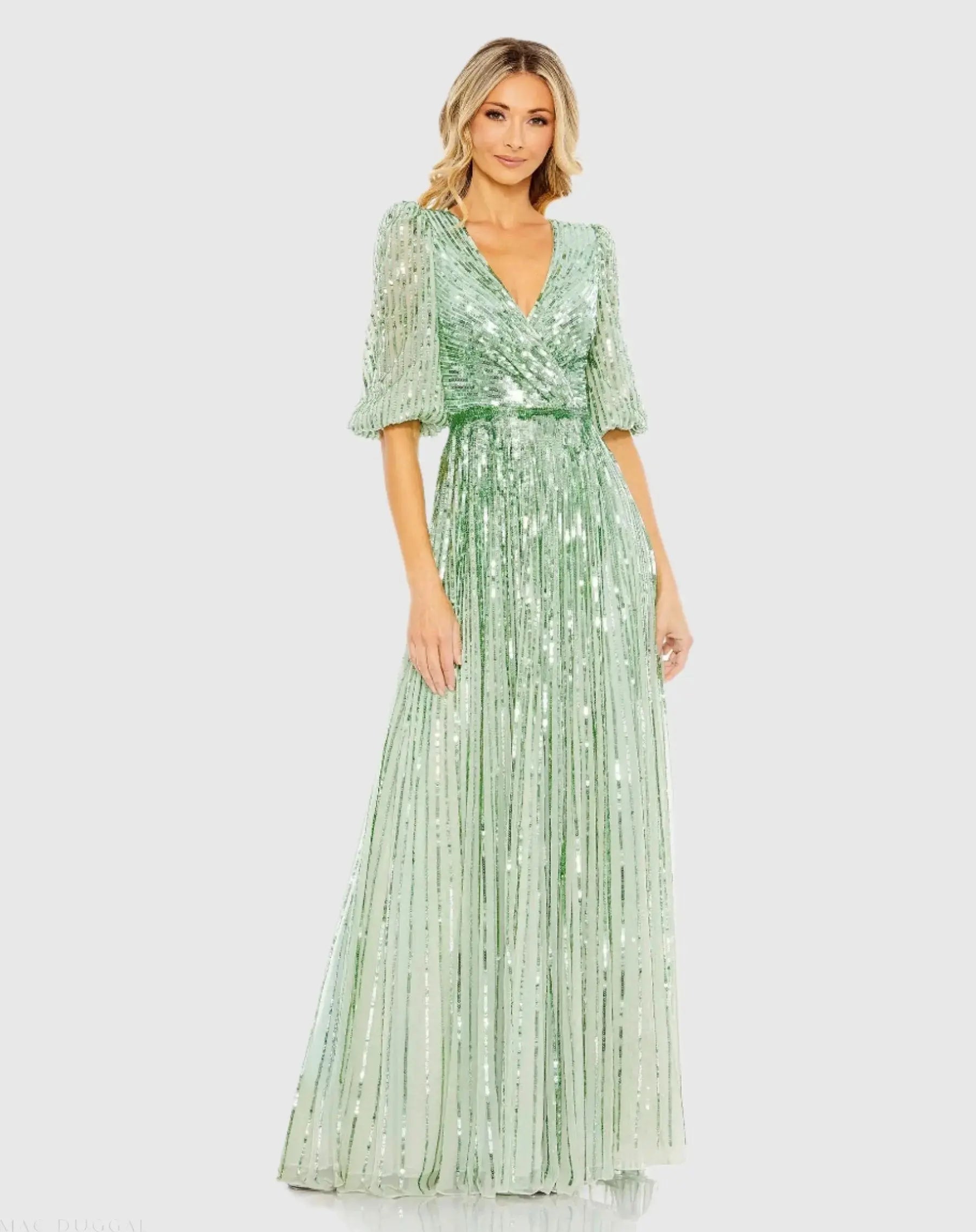 Green Sequined Wrap Over 3/4 Sleeve Gown | Mac Duggal Green Sequined Wrap Over 3/4 Sleeve Gown | Mac Duggal