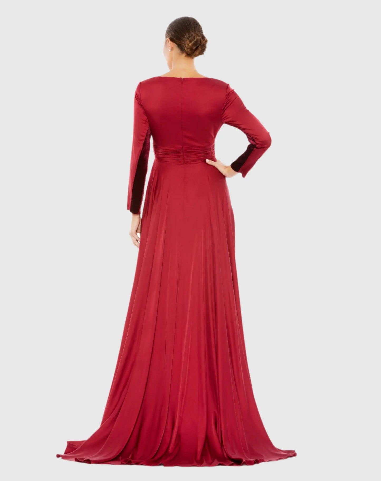 Red Long Sleeve Ruched Waist A-Line Gown - Ieena for Mac Duggal