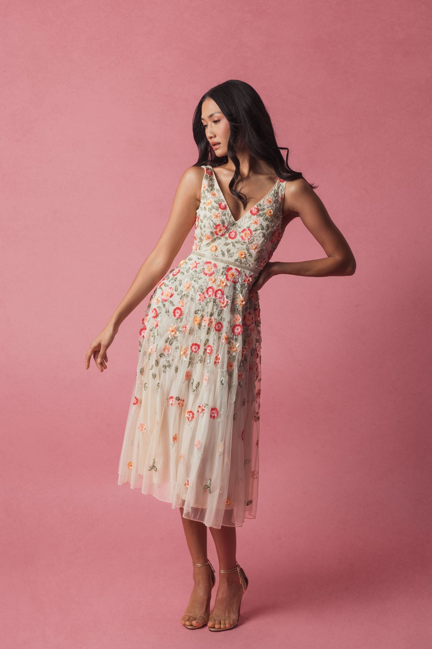 White V-Neck Sleeveless Midi Floral Beaded A-line Dress - Mac Duggal