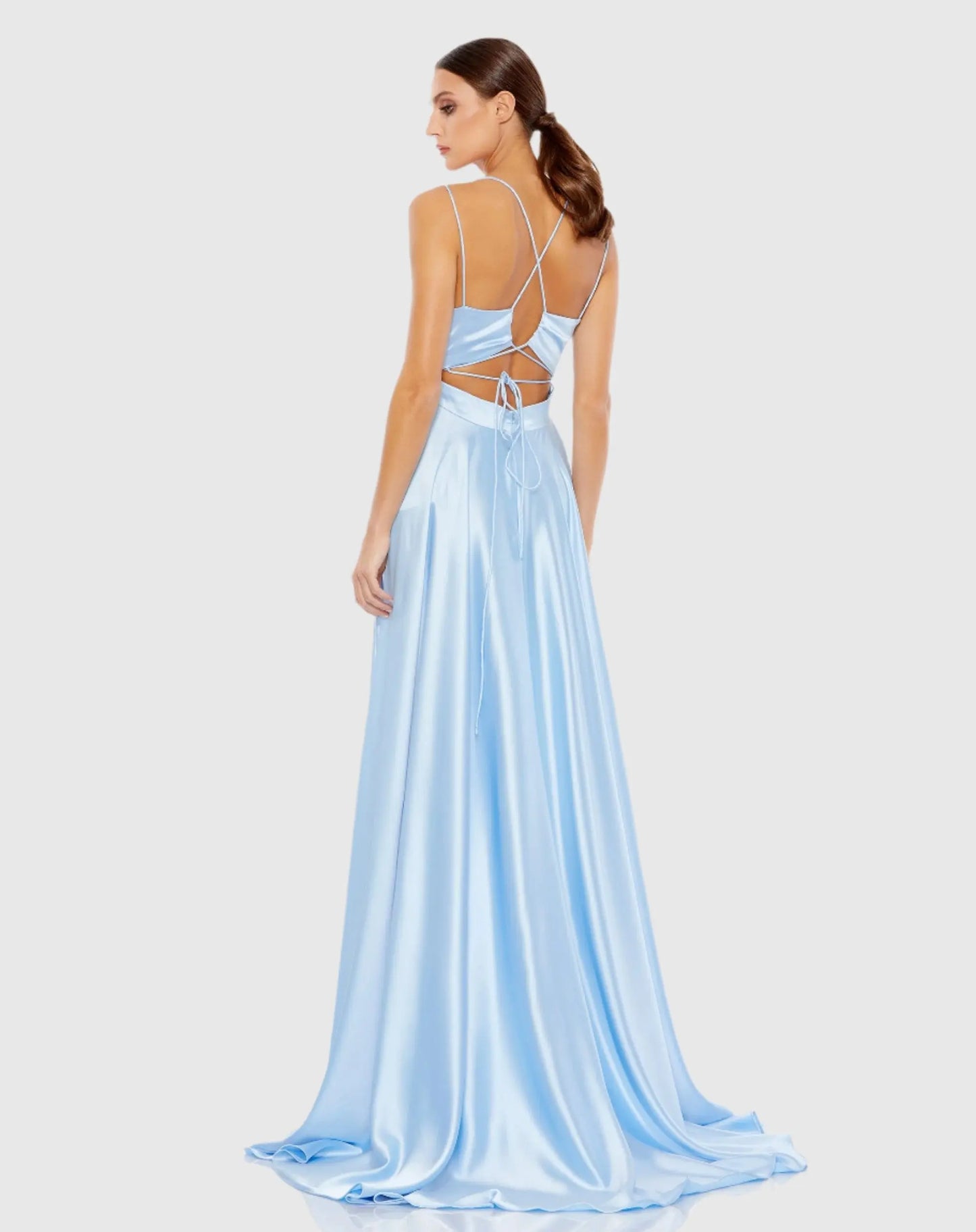 Blue Satin Strappy-Back High Slit Gown - Ieena for Mac Duggal