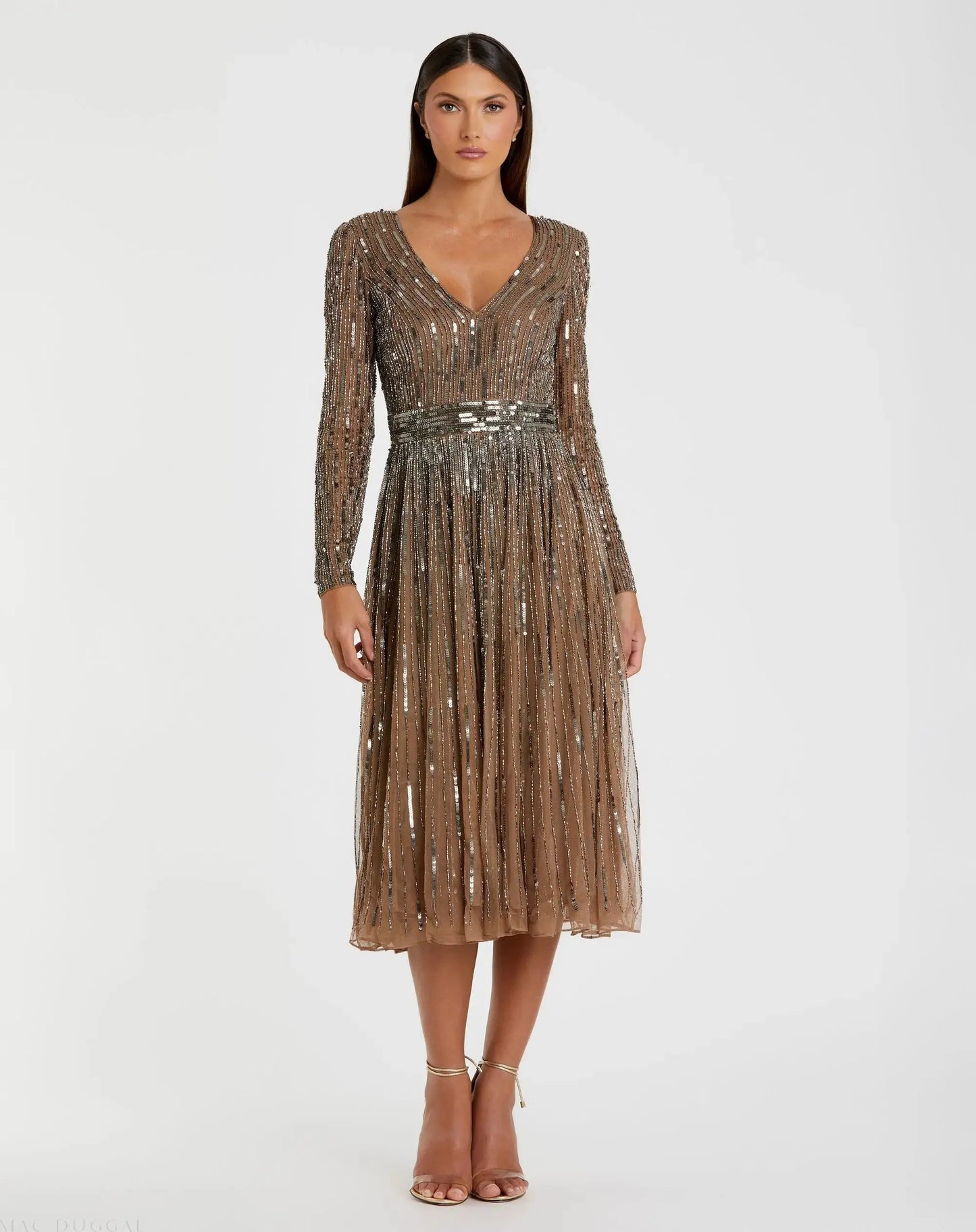Brown Long Sleeve Tea Length Dress - Mac Duggal