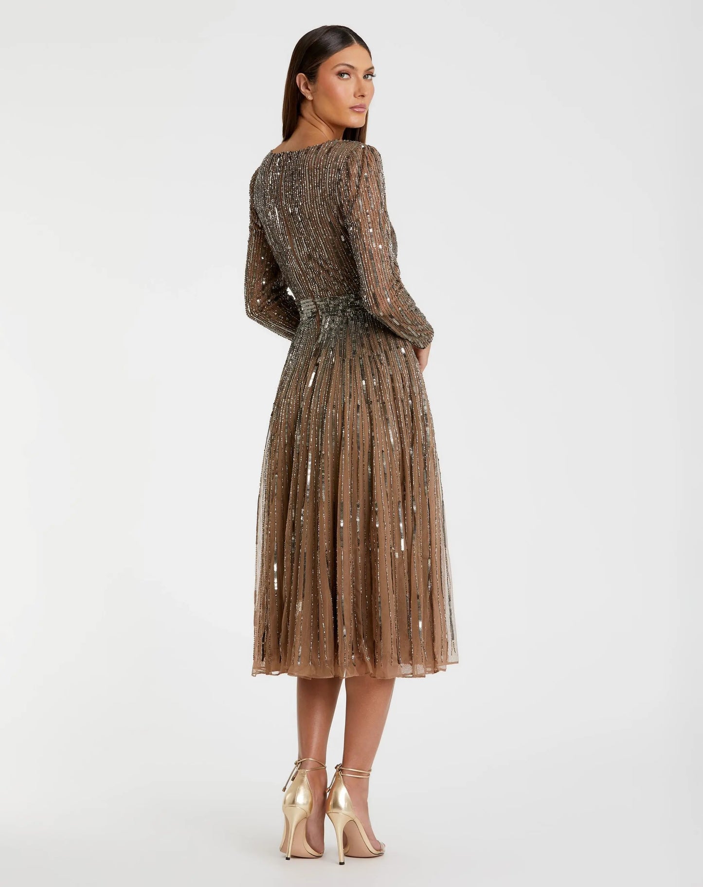Brown Long Sleeve Tea Length Dress - Mac Duggal