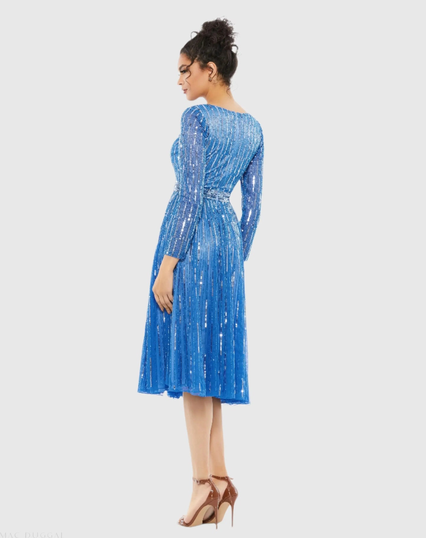 Blue Long Sleeve Tea Length Dress - Mac Duggal