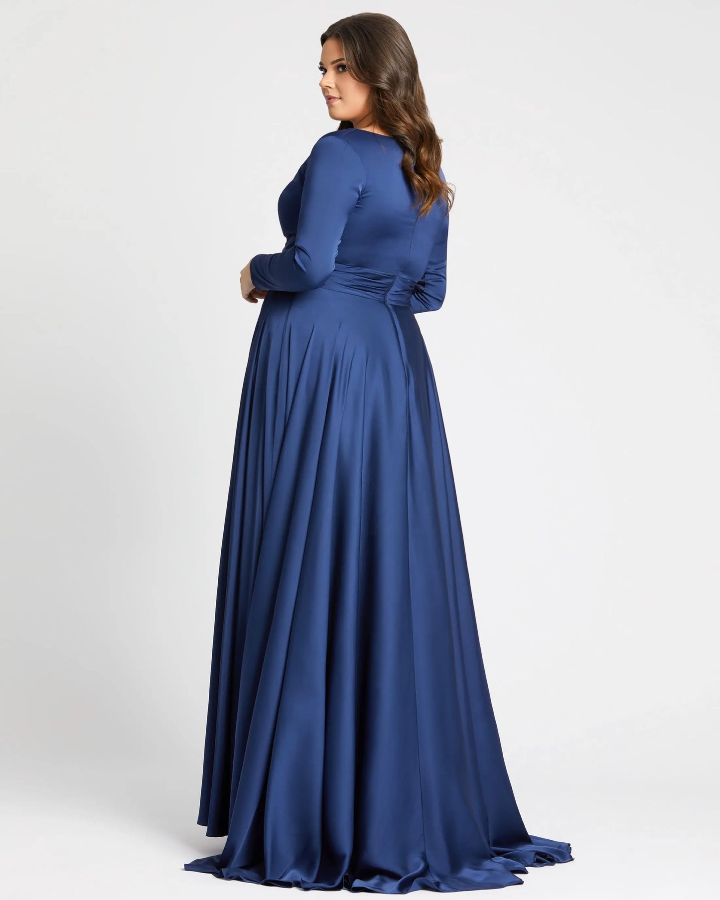Navy Satin Long Sleeve Evening Gown (Plus) - Mac Duggal