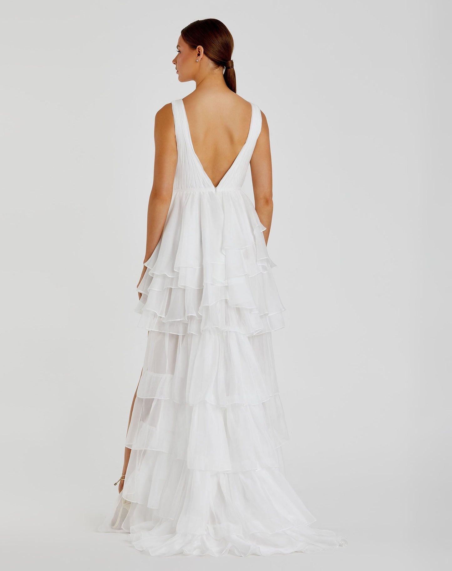 White High Low Tiered Gown with Built In Bodysuit Ieena for Mac Duggal