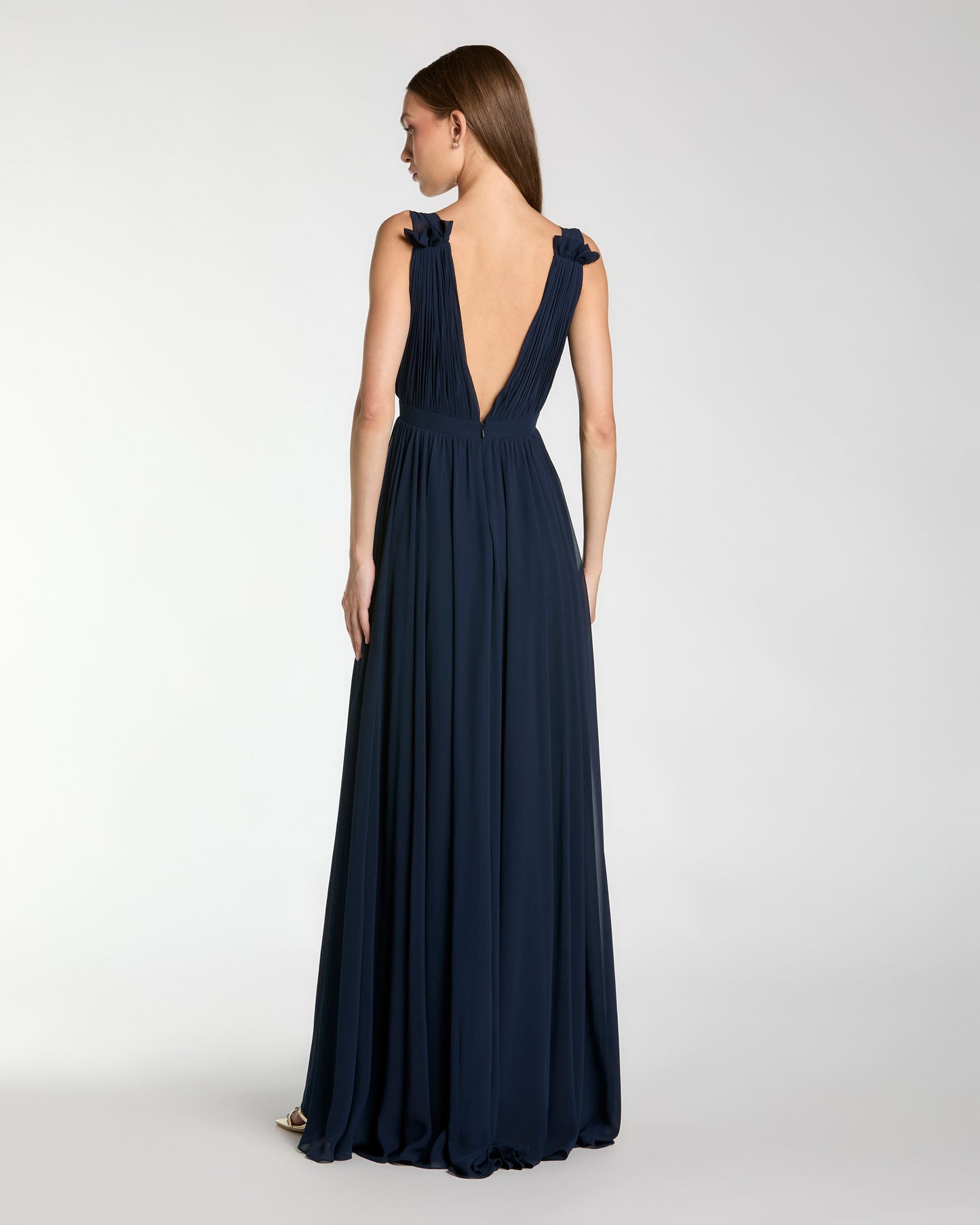 Navy Pleated Chiffon Sleeveless V-Neck Gown - Ieena for Mac Duggal