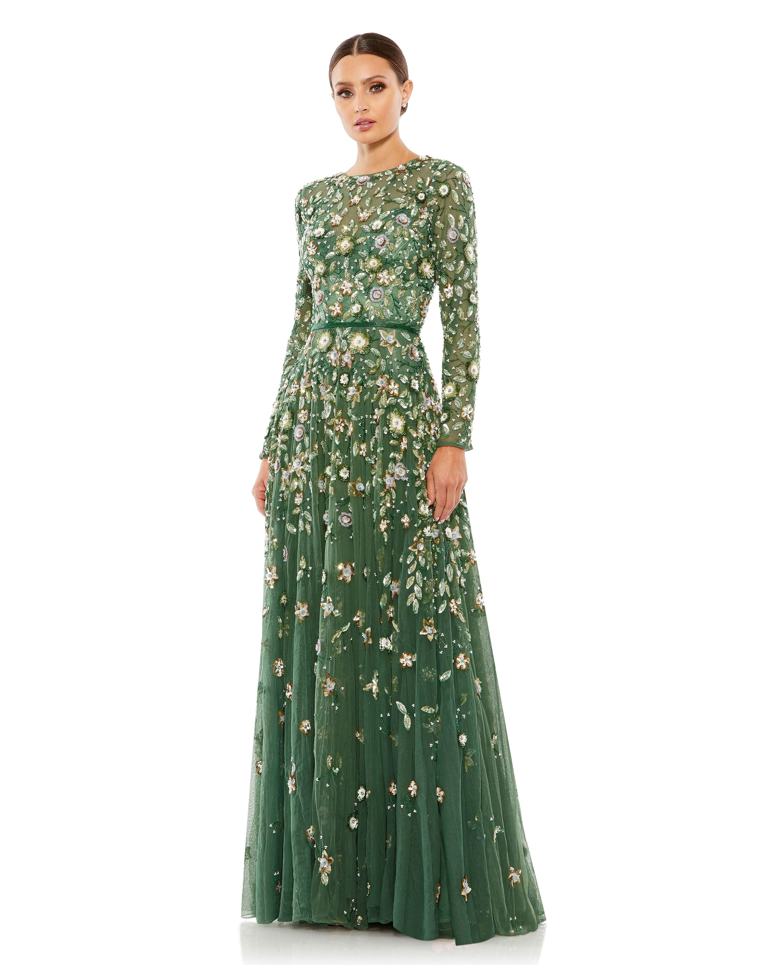 Embellished High Neck Long Sleeve A Line Gown