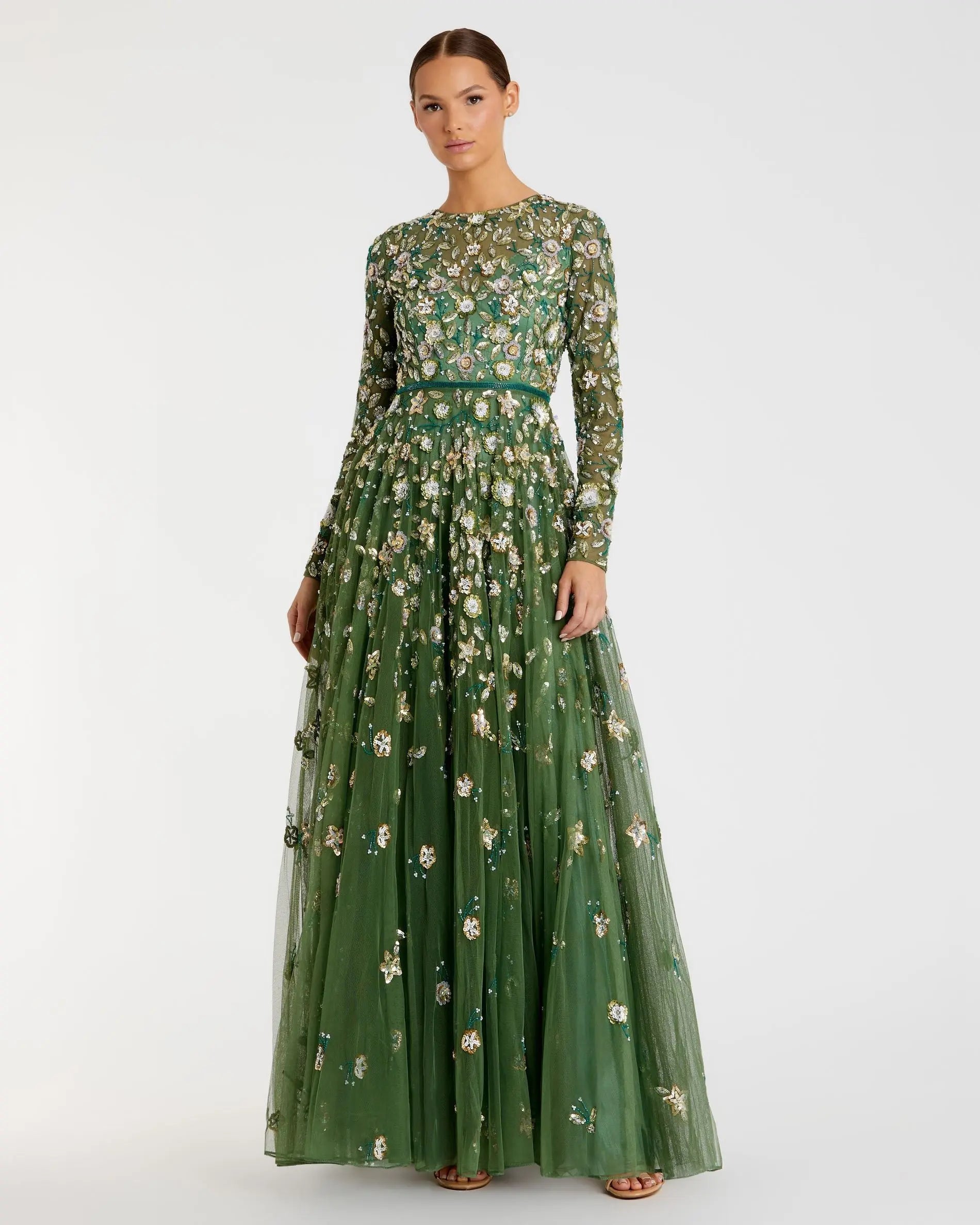 Green Embellished High Neck Long Sleeve A Line Gown - Mac Duggal Green Embellished High Neck Long Sleeve A Line Gown - Mac Duggal