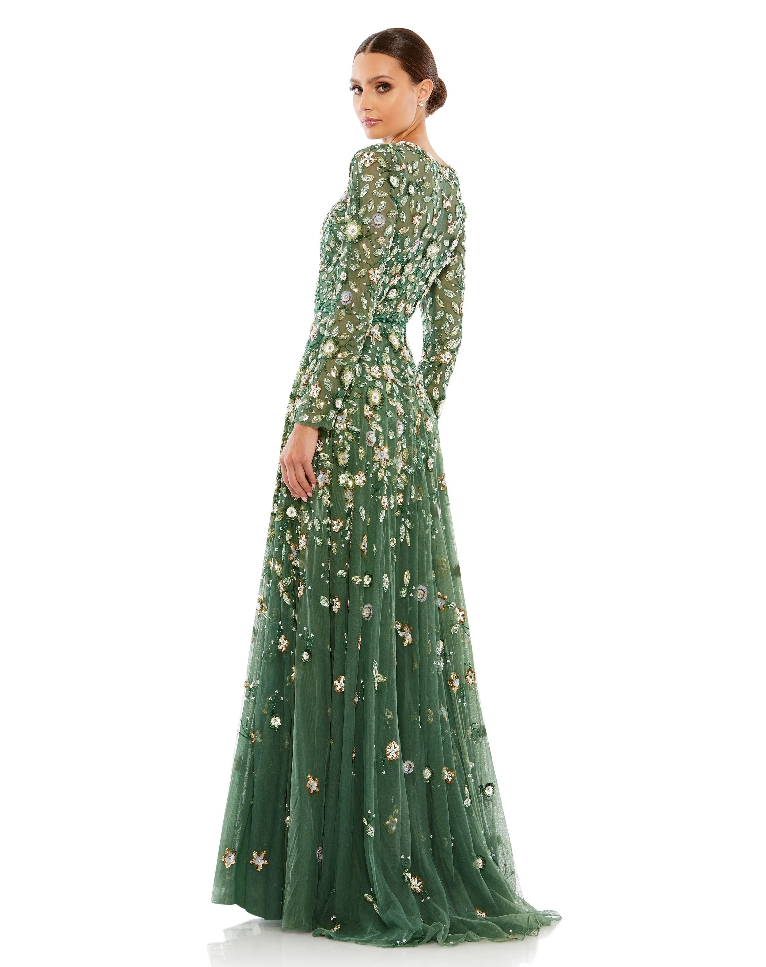 Embellished High Neck Long Sleeve A Line Gown