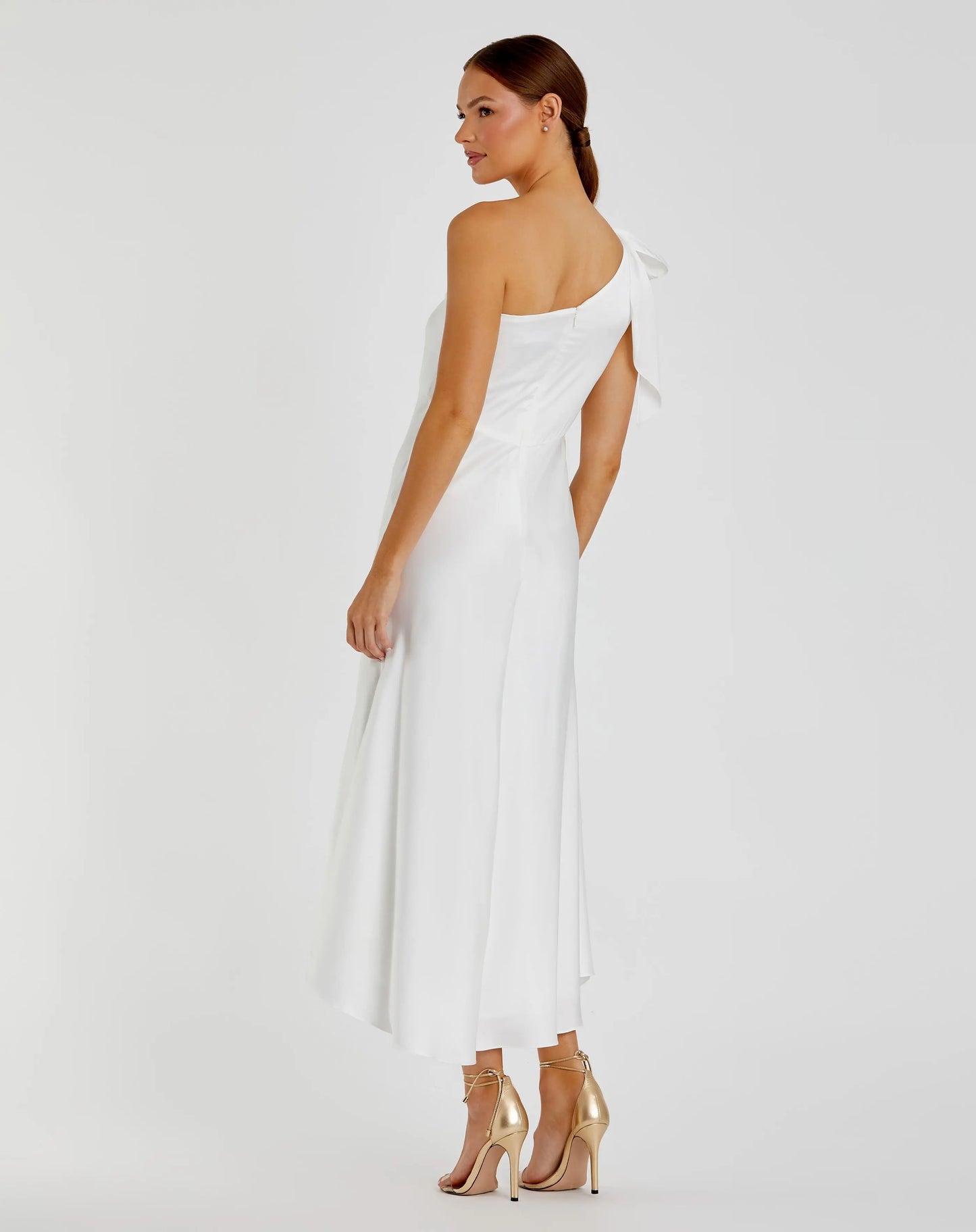 White Satin One Shoulder Midi Dress - Mac Duggal