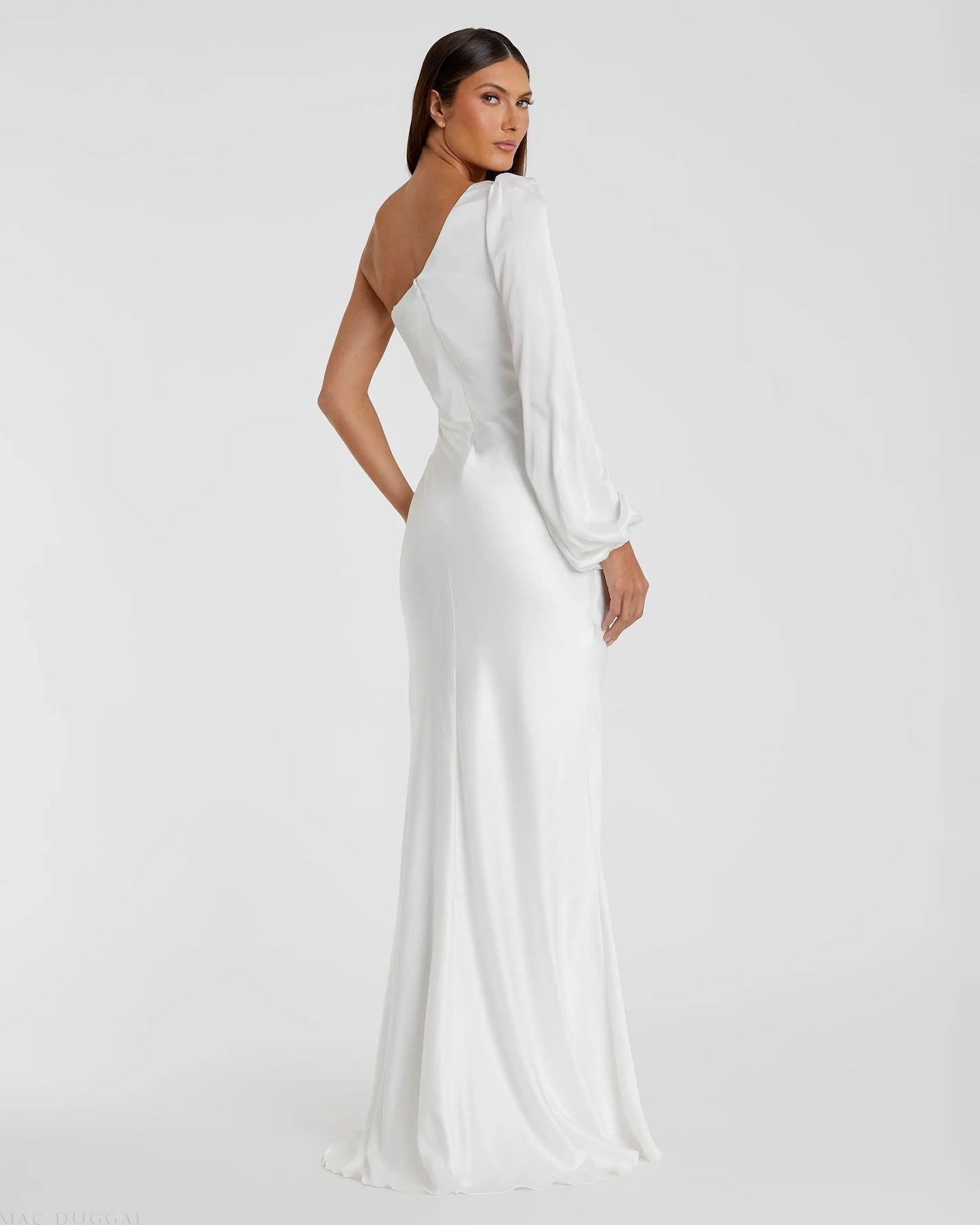 White One Shoulder Blouson Sleeve Gown - Mac Duggal