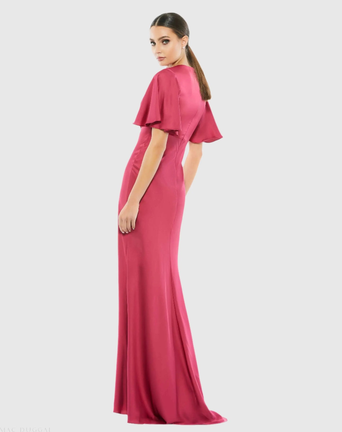 Pink Flounce Sleeve V-Neck Trumpet Gown - Ieena for Mac Duggal