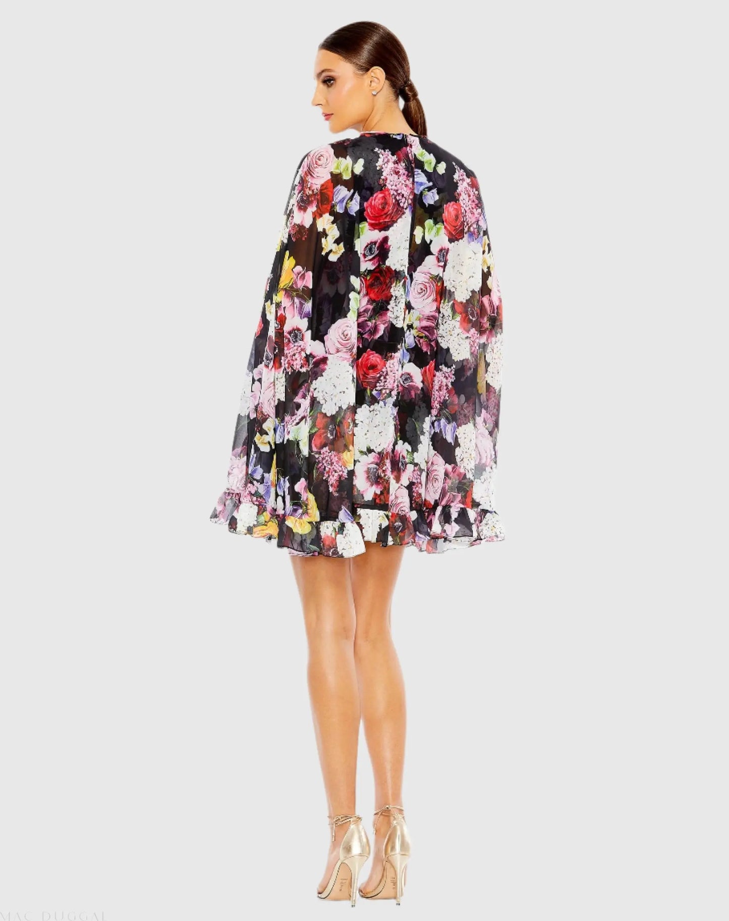 Black Multicolor Floral Print High Neck Ruffle Hem Cape Mini Dress - Mac Duggal