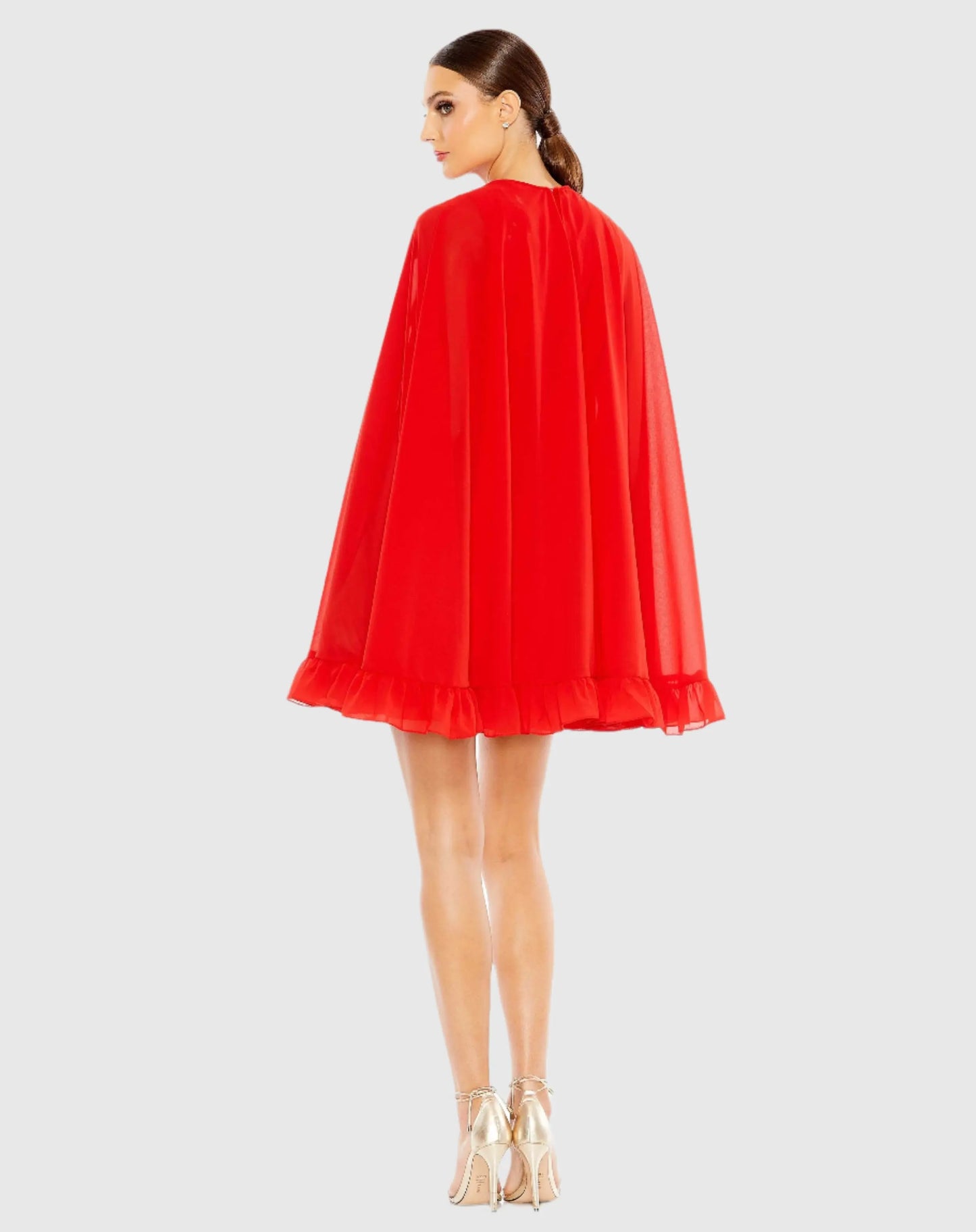 Red High Neck Ruffle Hem Cape Mini Dress - Ieena for Mac Duggal