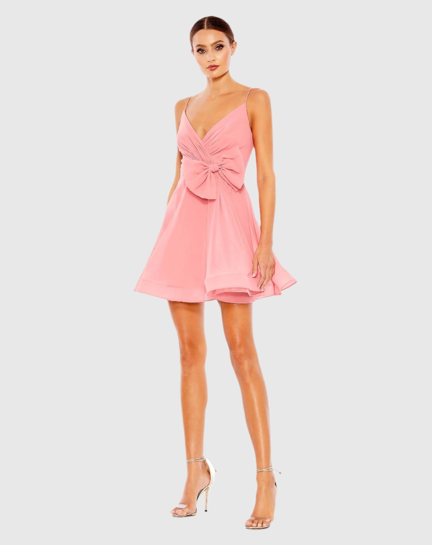 Pink Faux Wrap Bow Detail Flowy Mini Dress - Ieena for Mac Duggal