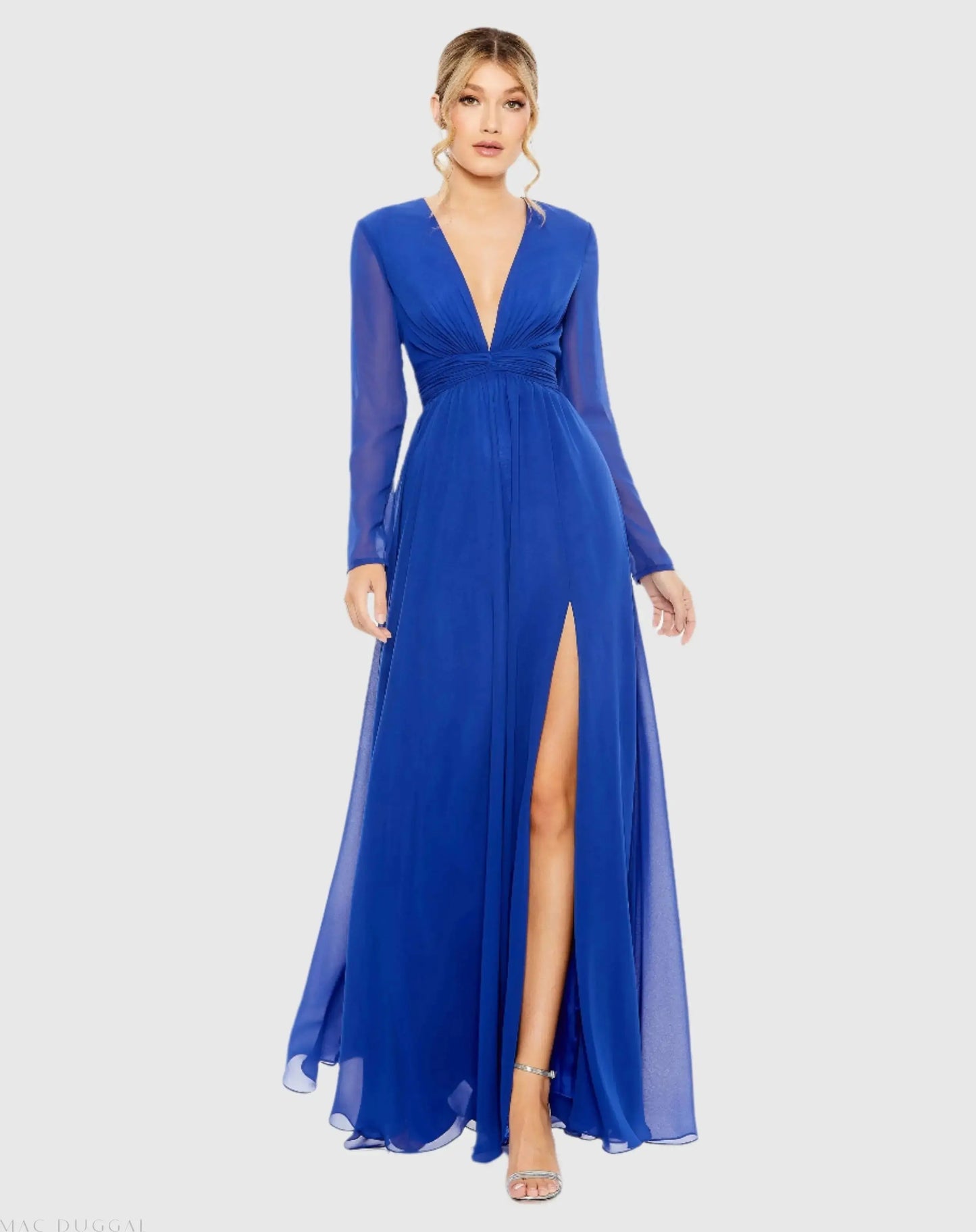 Blue V-Neck Front Twist Long Sleeve Gown - Mac Duggal