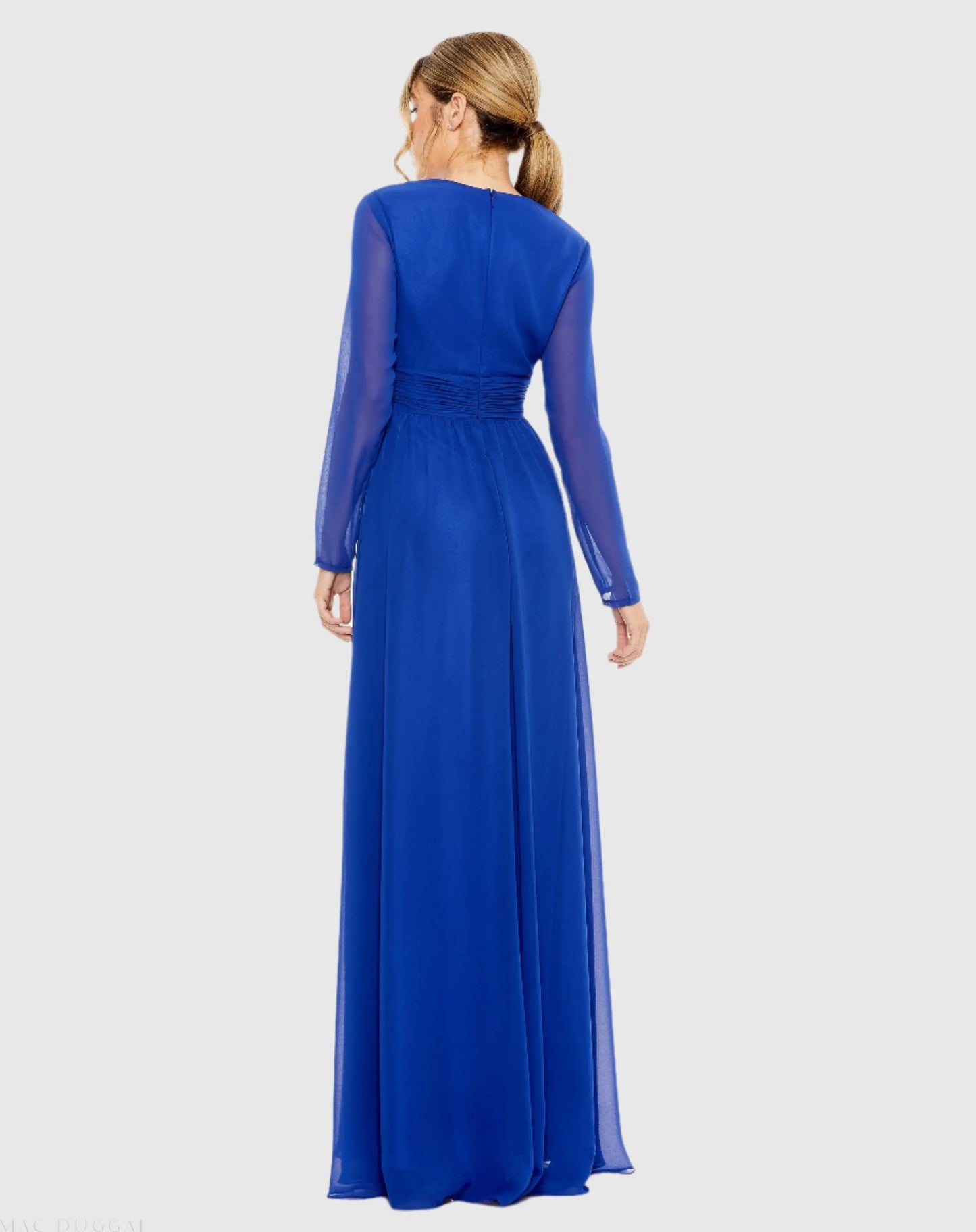 Blue V-Neck Front Twist Long Sleeve Gown - Mac Duggal