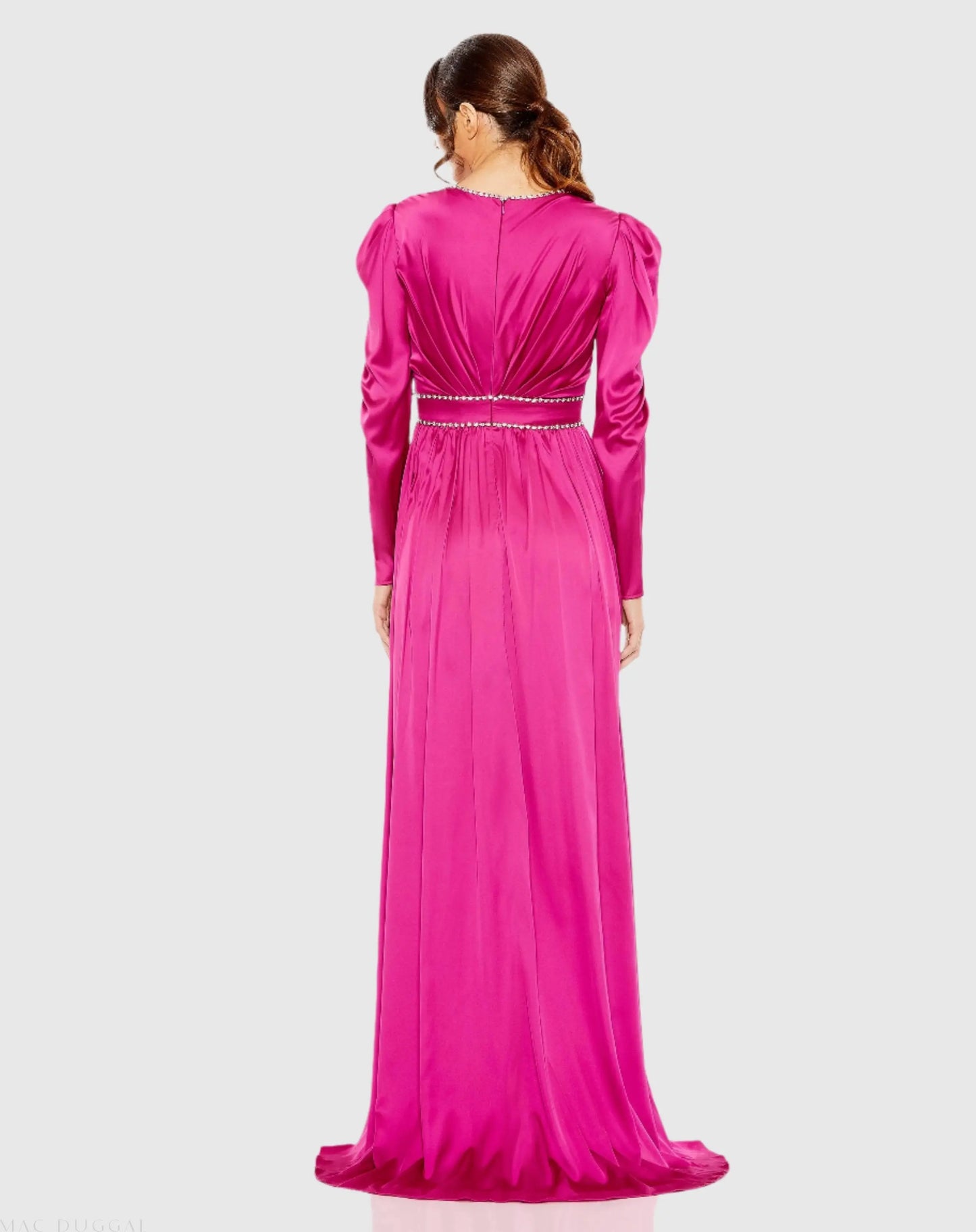 Pink Rhinestone Trim Puff Sleeve Gathered Gown - Mac Duggal