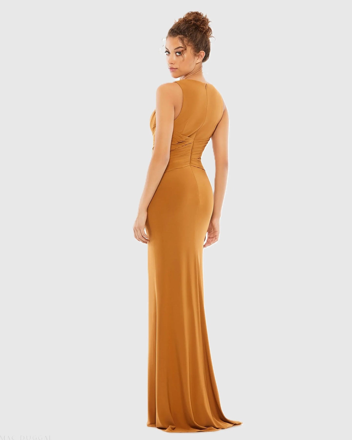 Brown Pleated Bodice Jersey Column Gown Ieena for Mac Duggal