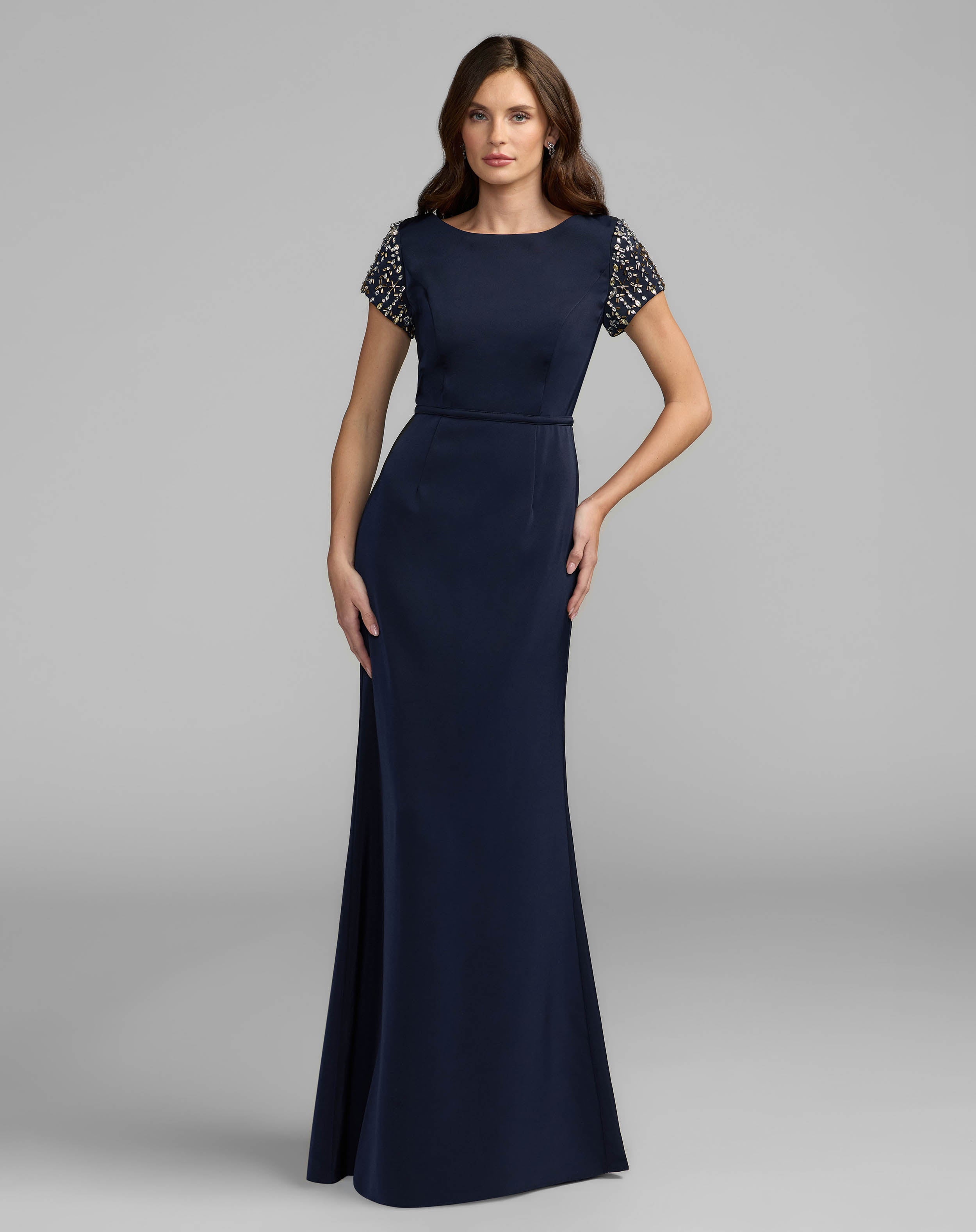 Navy Beaded Cap Sleeve Satin Column Gown | Mac Duggal