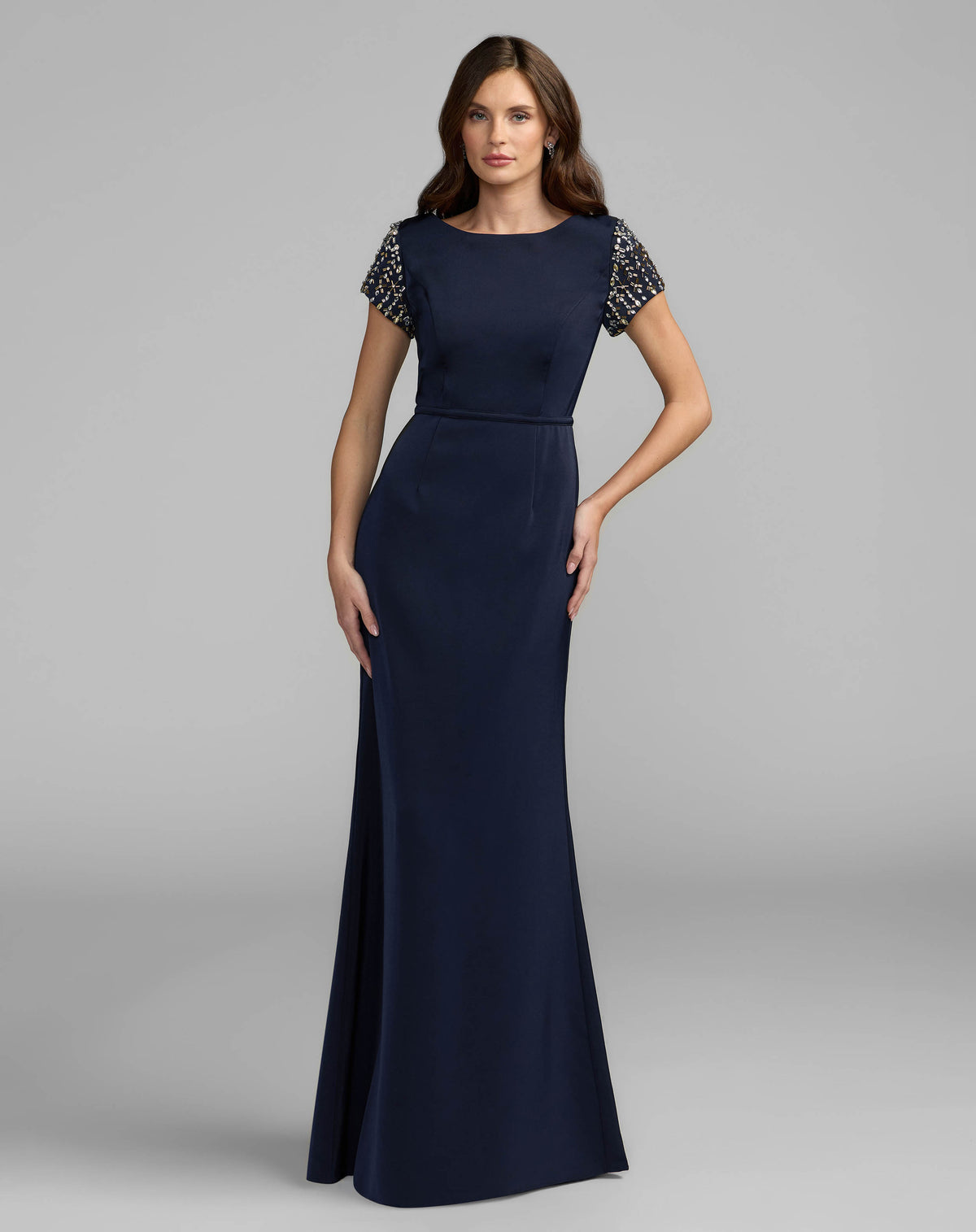 Midnight Beaded Cap Sleeve Satin Column Gown Mac Duggal