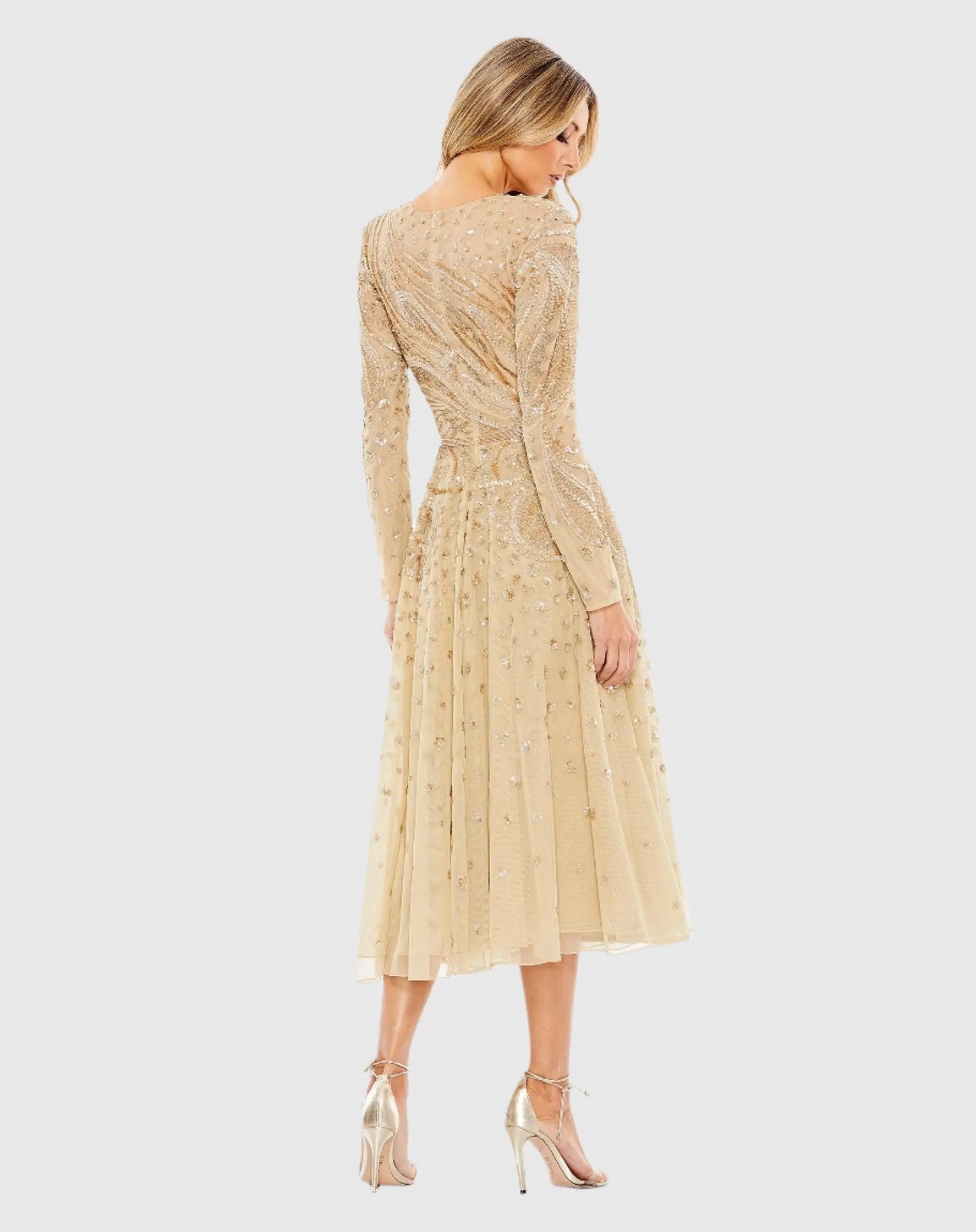 Beige Embellished Illusion High Neck Long Sleeve Dress - Mac Duggal