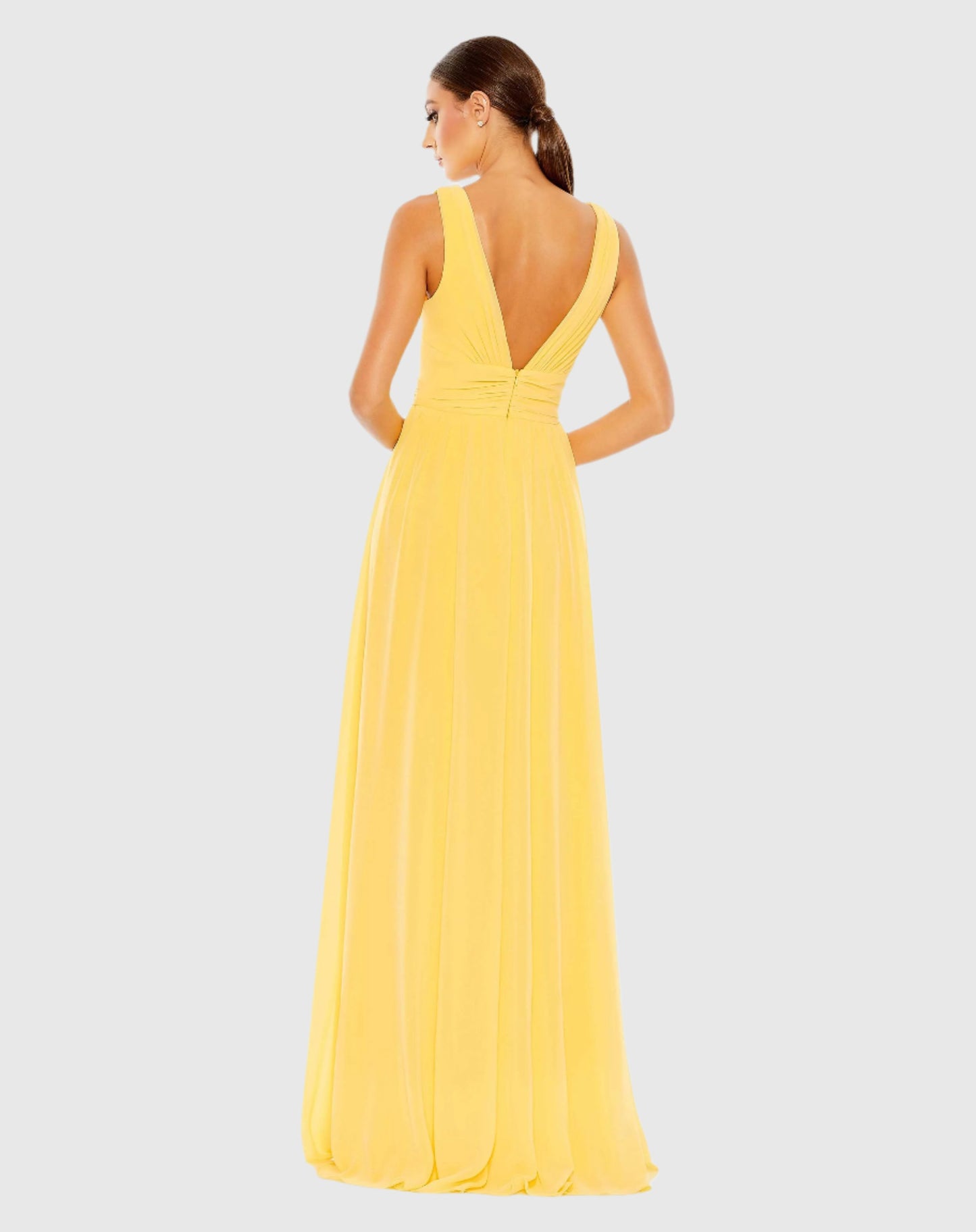 Yellow Chiffon Sleeveless Wrap Over A Line Gown - Ieena for Mac Duggal