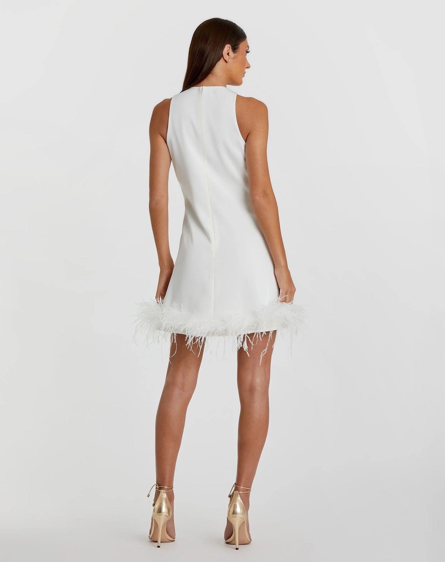 White Feathered Hem High Neck Sleeveless Trapeze Dress - Mac Duggal