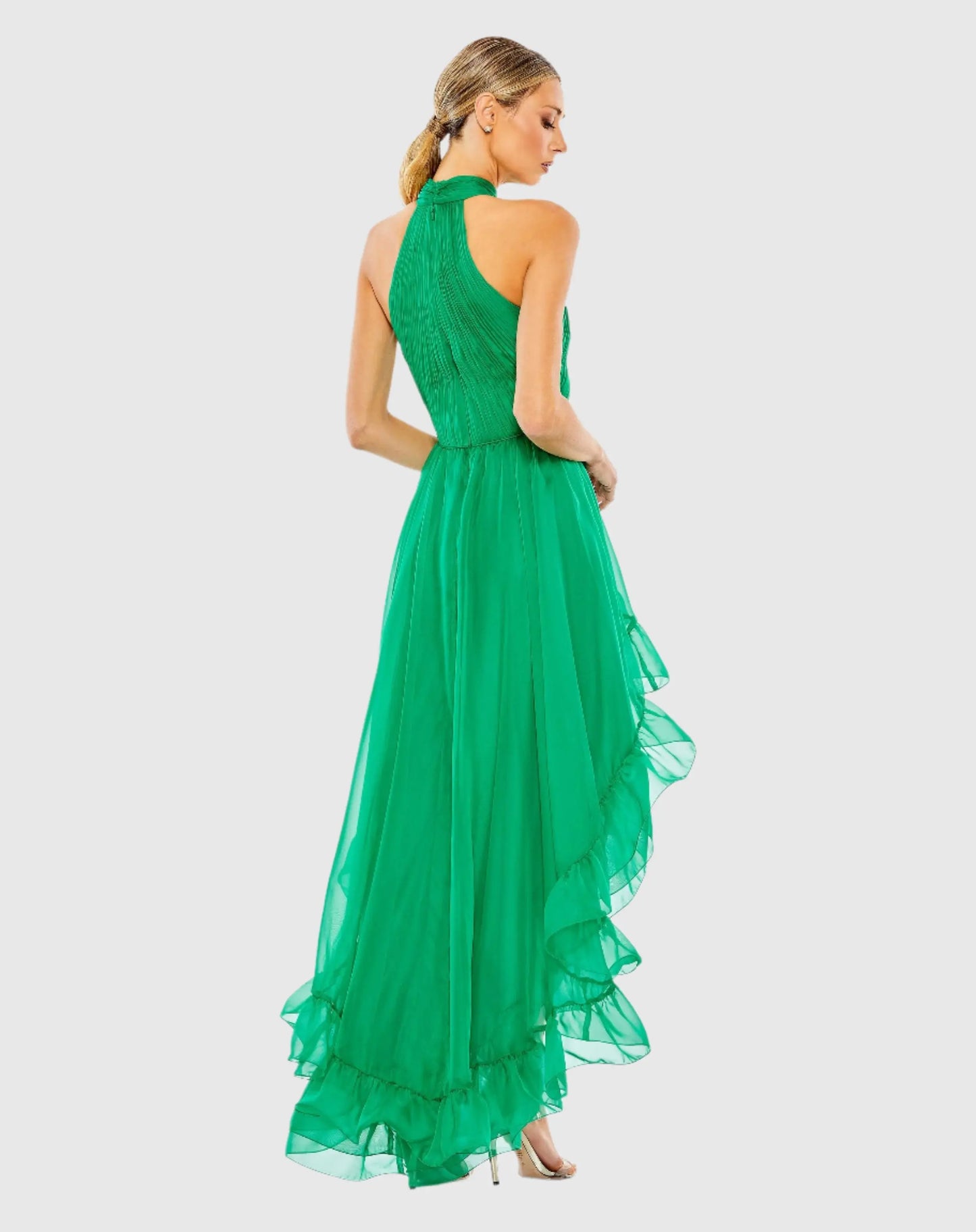 Green Ruffle Tiered High Low Pleated Halter Neck Gown - Mac Duggal
