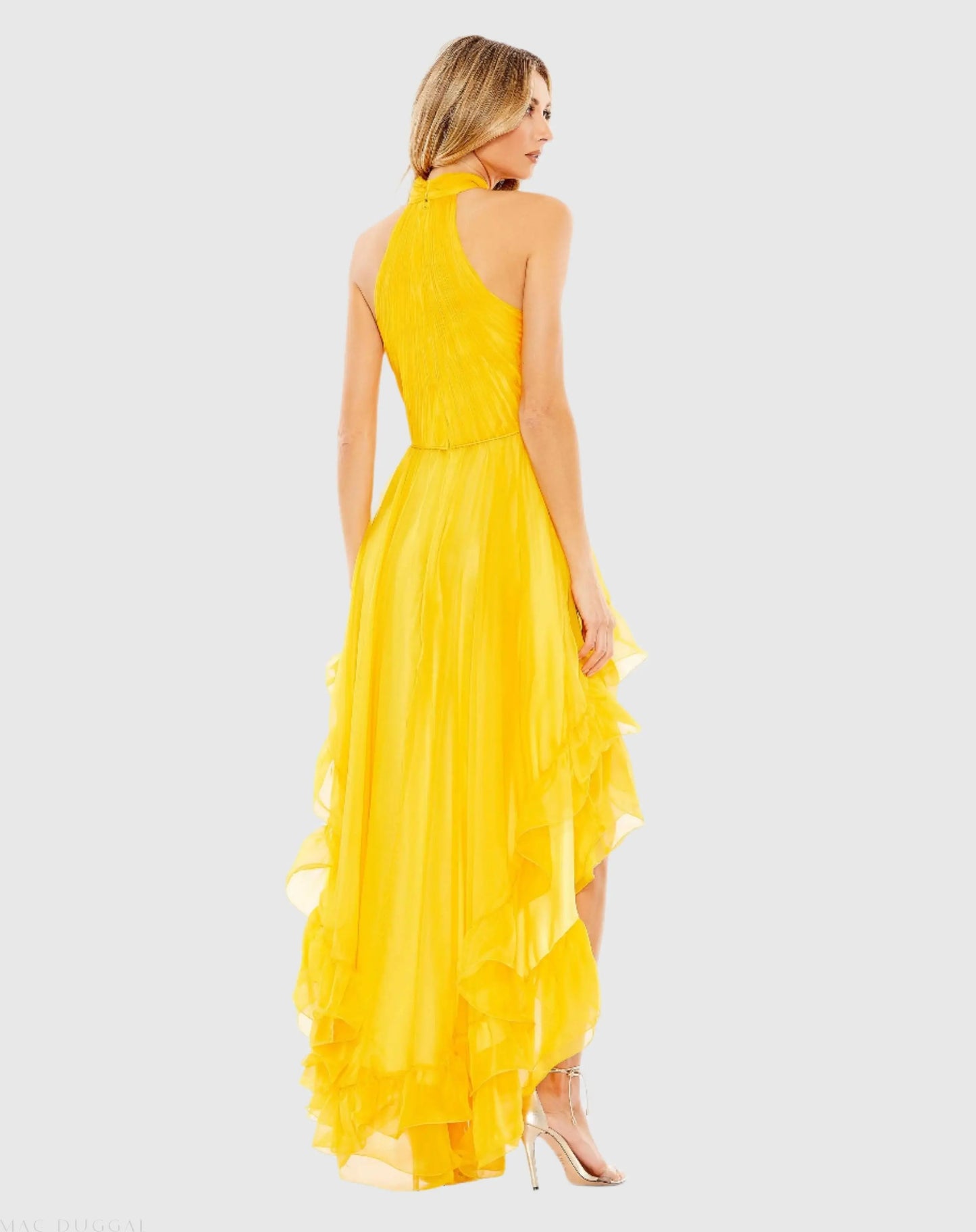 Yellow Ruffle Tiered High Low Pleated Halter Neck Gown - Mac Duggal