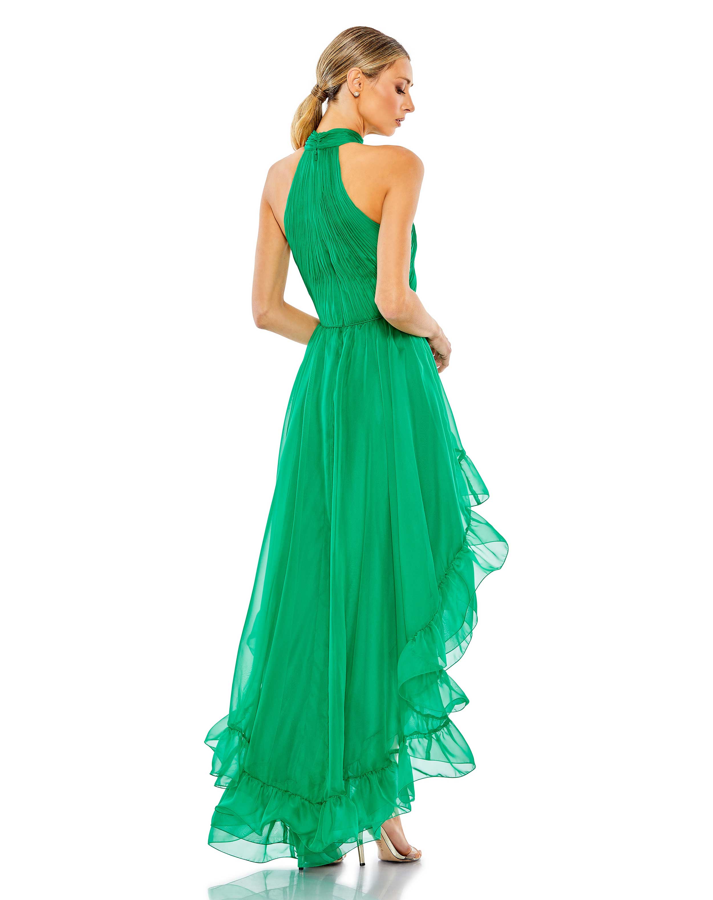 Ruffle Tiered High Low Pleated Halter Neck Gown