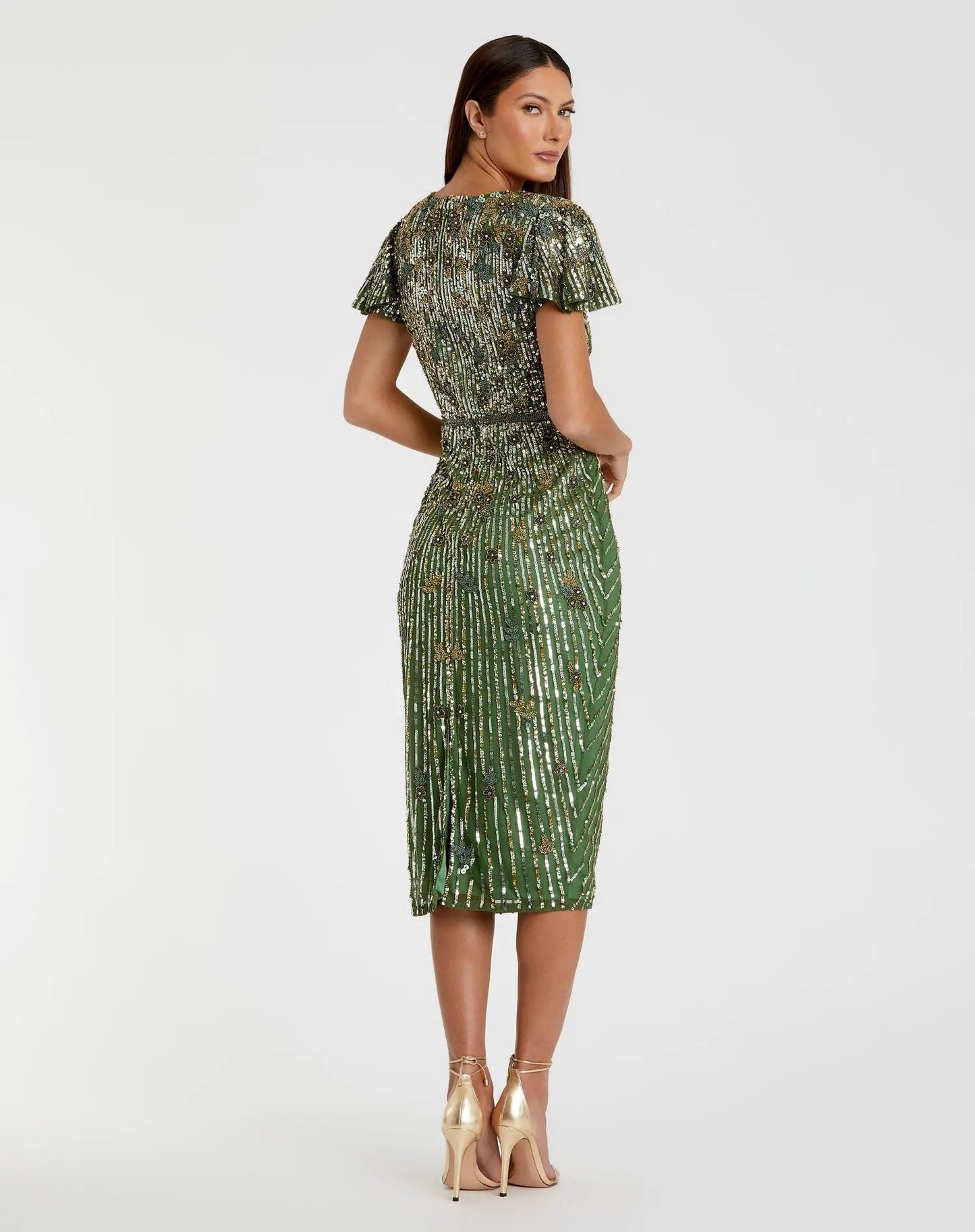 Green Embellished Faux Wrap Flutter Sleeve Dress - Mac Duggal