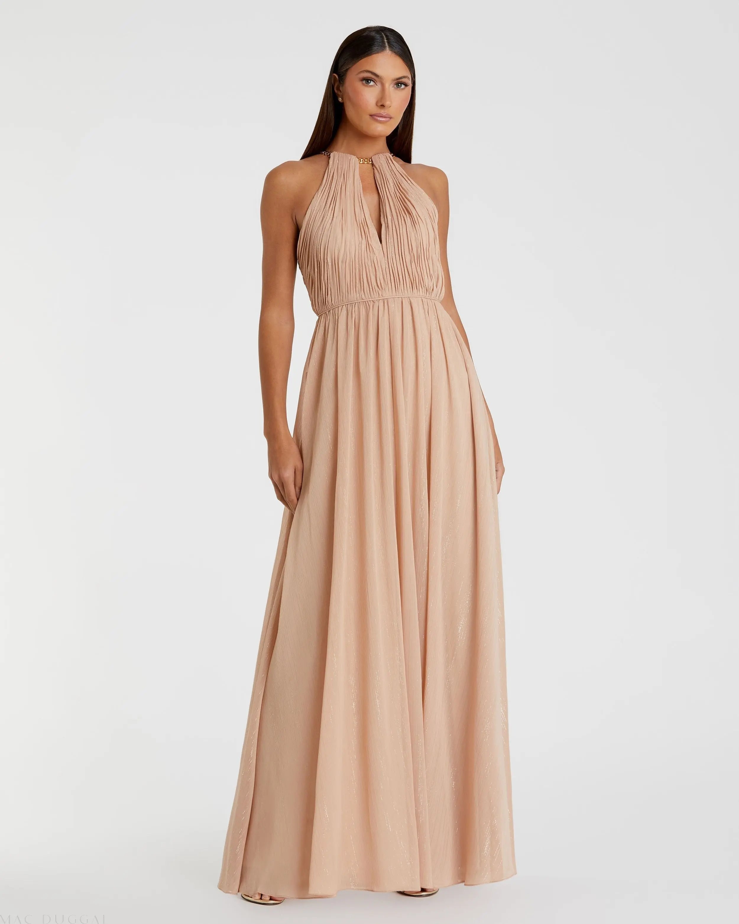Mac Duggal - Beige Chain Trim Keyhole Halter Neck A Line Gown - Nude / US 16 Mac Duggal - Beige Chain Trim Keyhole Halter Neck A Line Gown - Nude / US 16