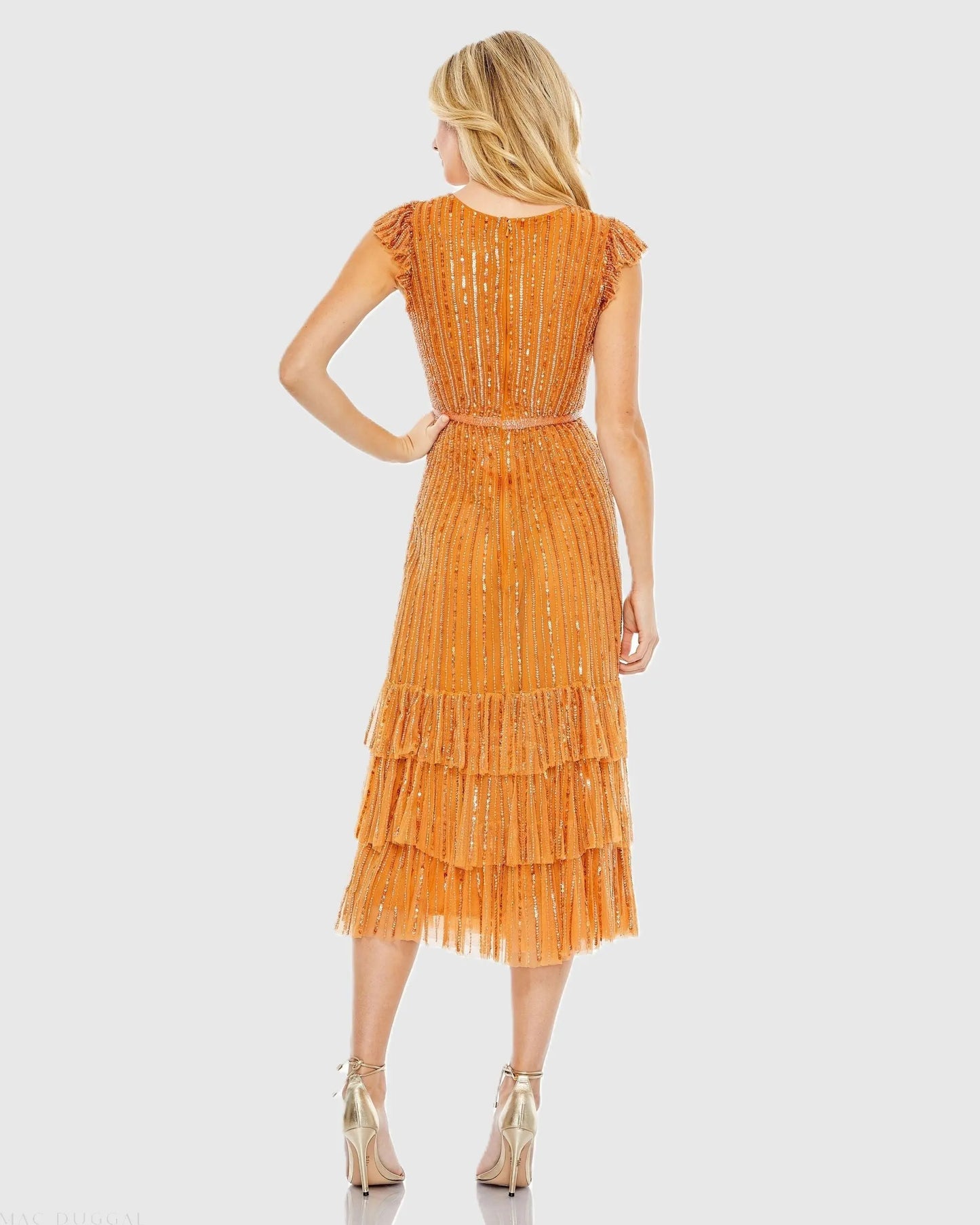 Orange Sequined Wrap Over Cap Sleeve Ruffle Hem Dress - Mac Duggal