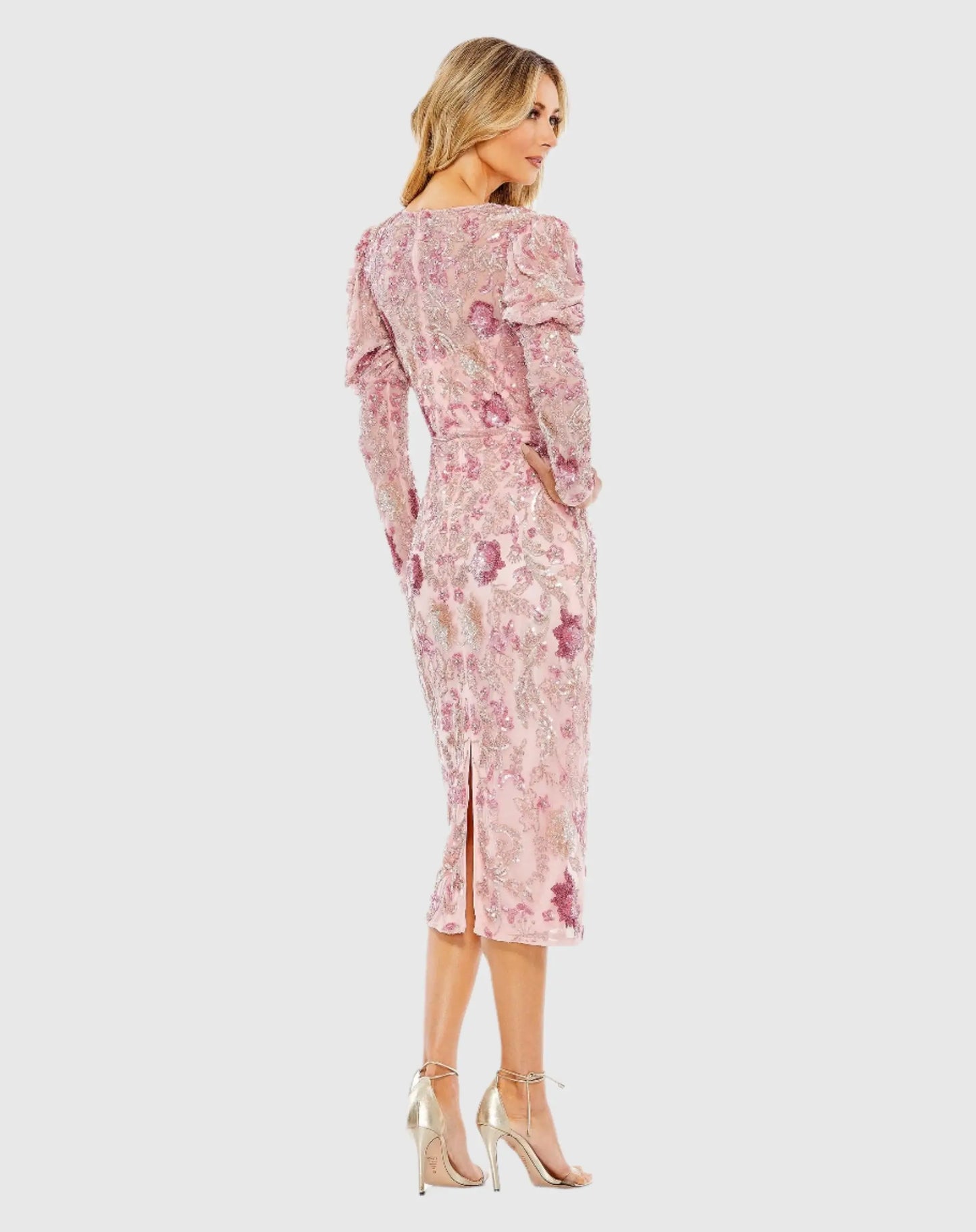 Pink Embellished Puff Sleeve High Neck Dress - Mac Duggal