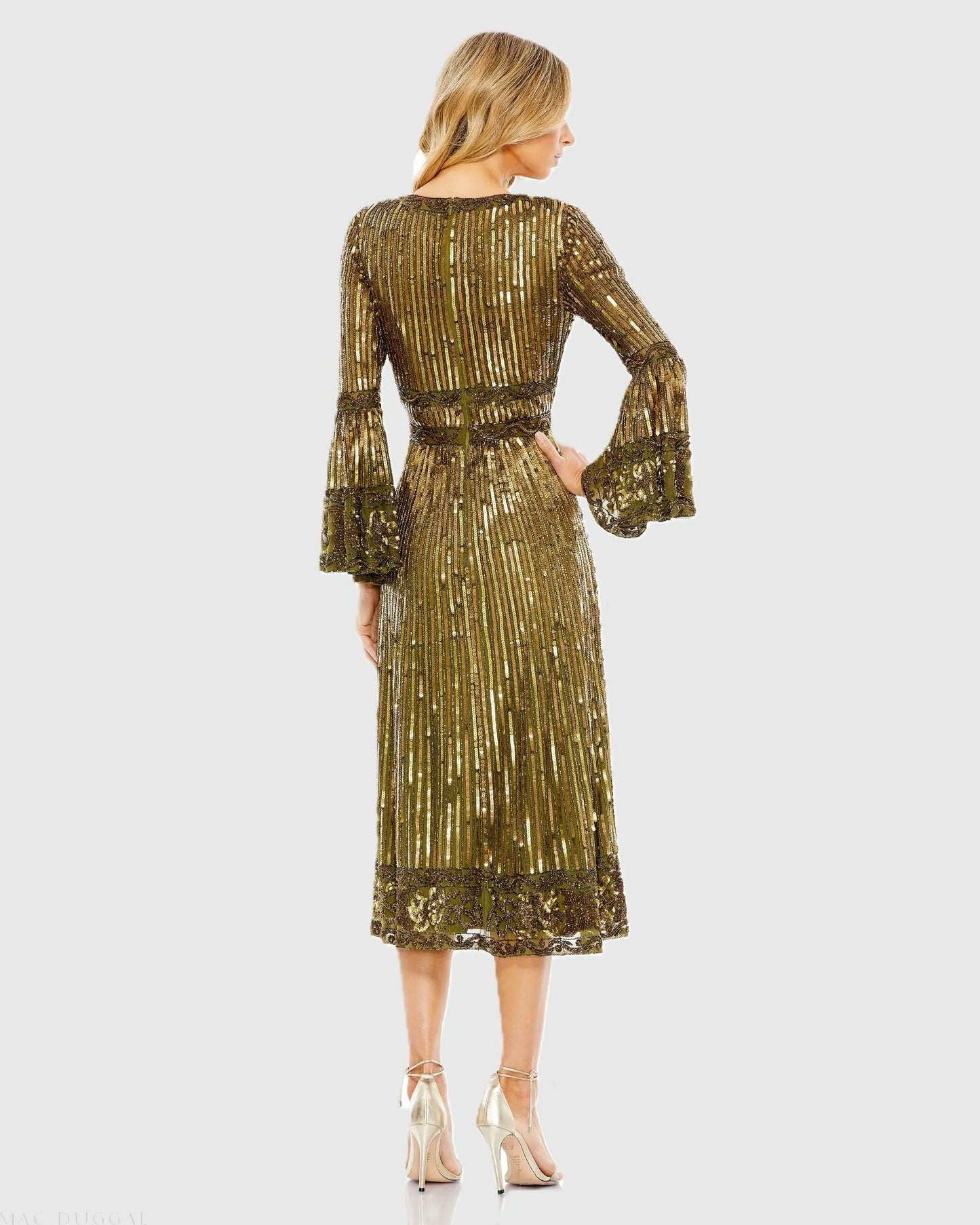 Embellished 3/4 Sleeve V Neck A Line Dress - Mac Duggal