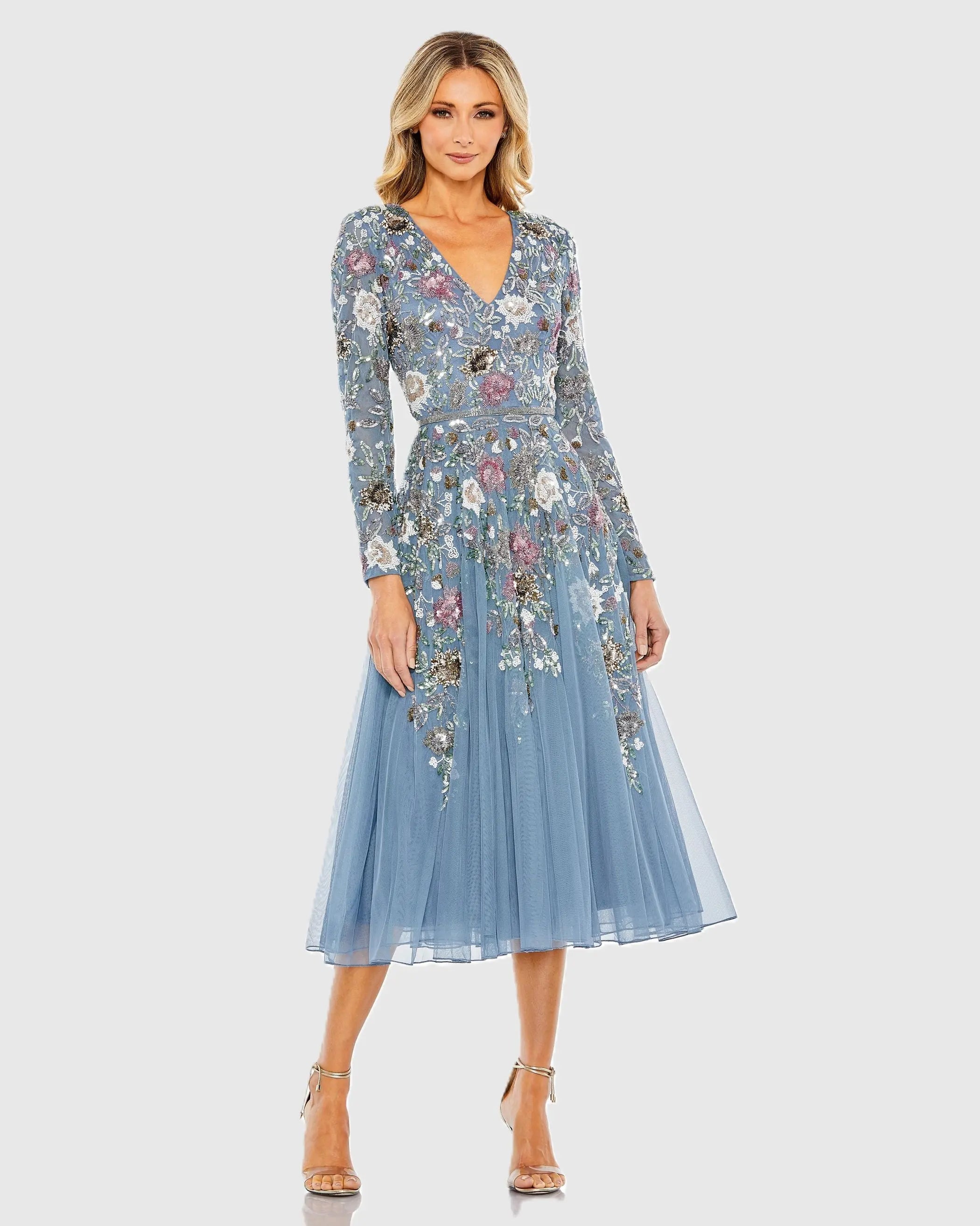Blue Hand Embellished Floral V Neck Long Sleeve Dress