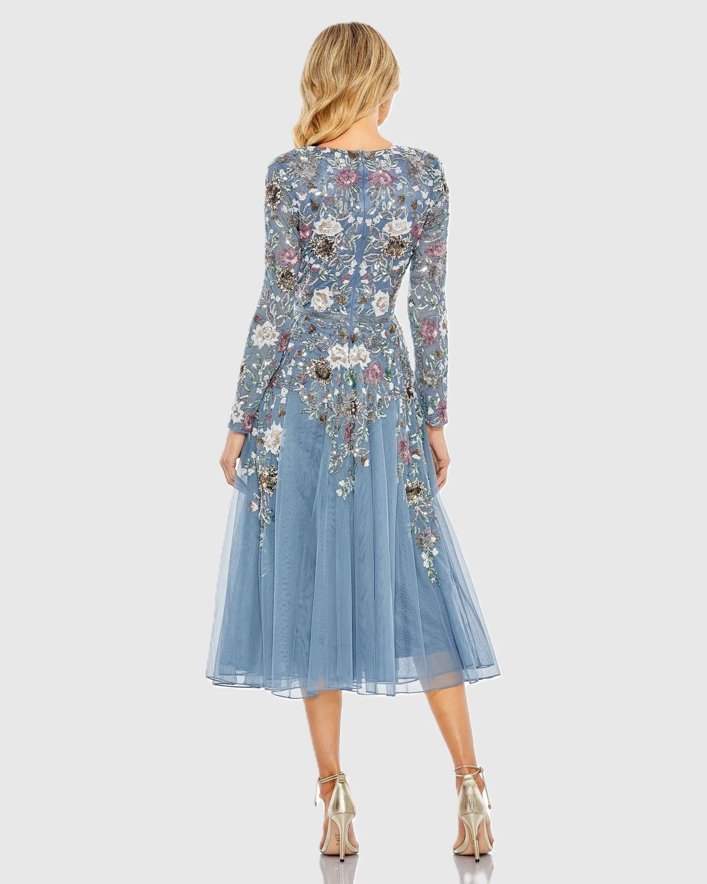 Blue Hand Embellished Floral V Neck Long Sleeve Dress Mac Duggal